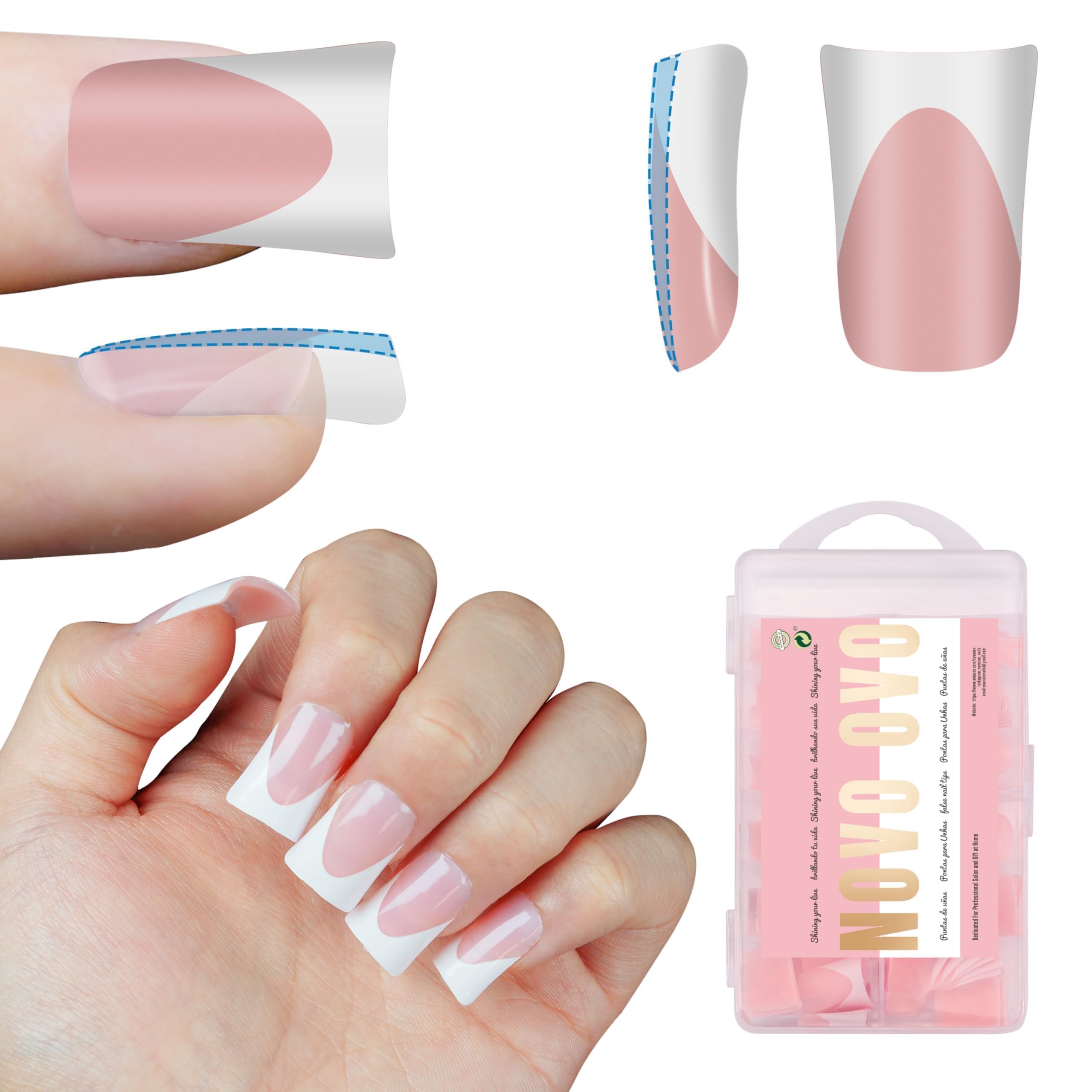 NOVO OVO White French Tip Short Duck Nail Tips Press on, BABY PINK Pre-designed Soft Gel Nail Extension, Extra thick Full Cover