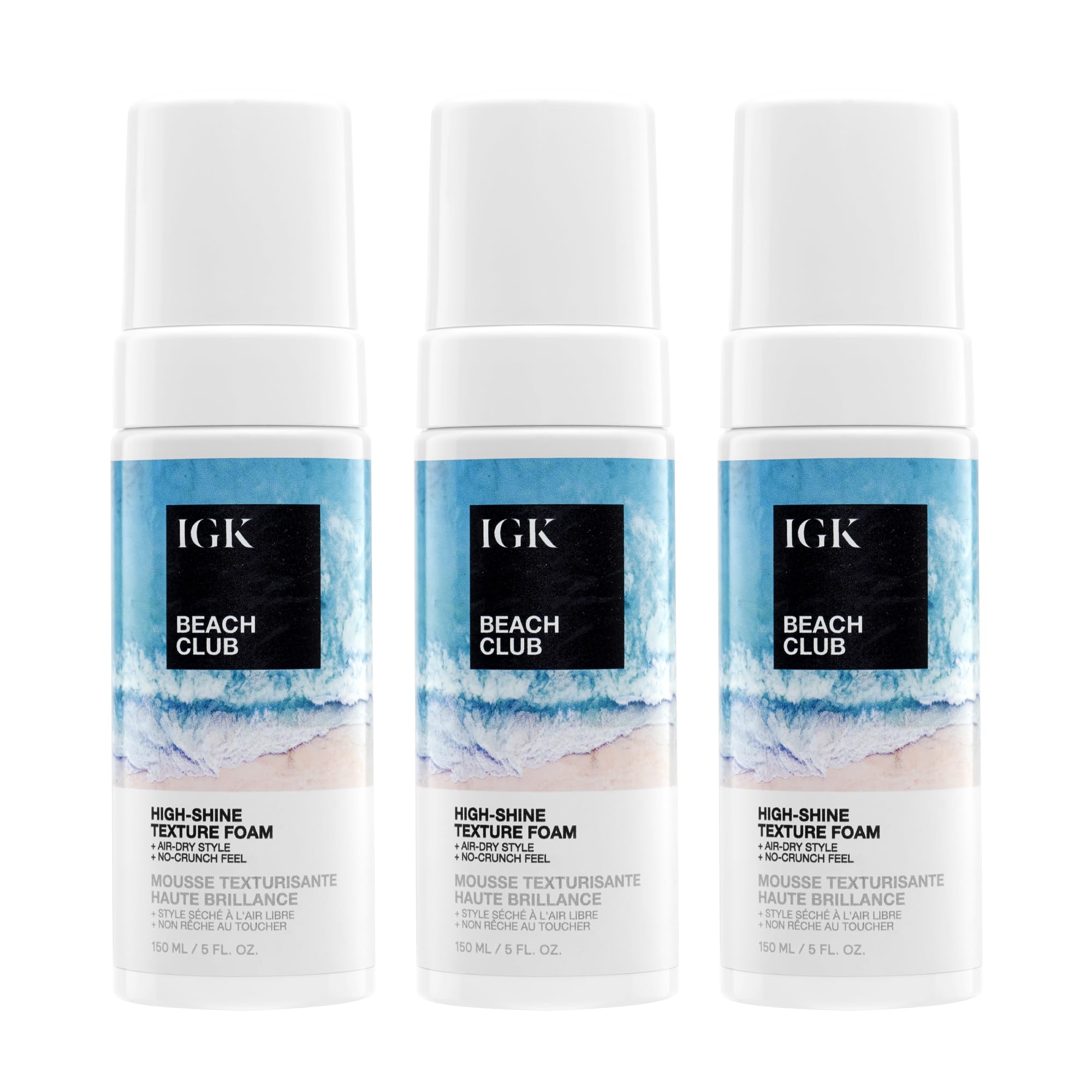 IGK Beach Club HighShine Texture Foam 3 pack  SaltFree AirDry Foam for Beach Waves, Frizz Control, and UV Protection  Vegan