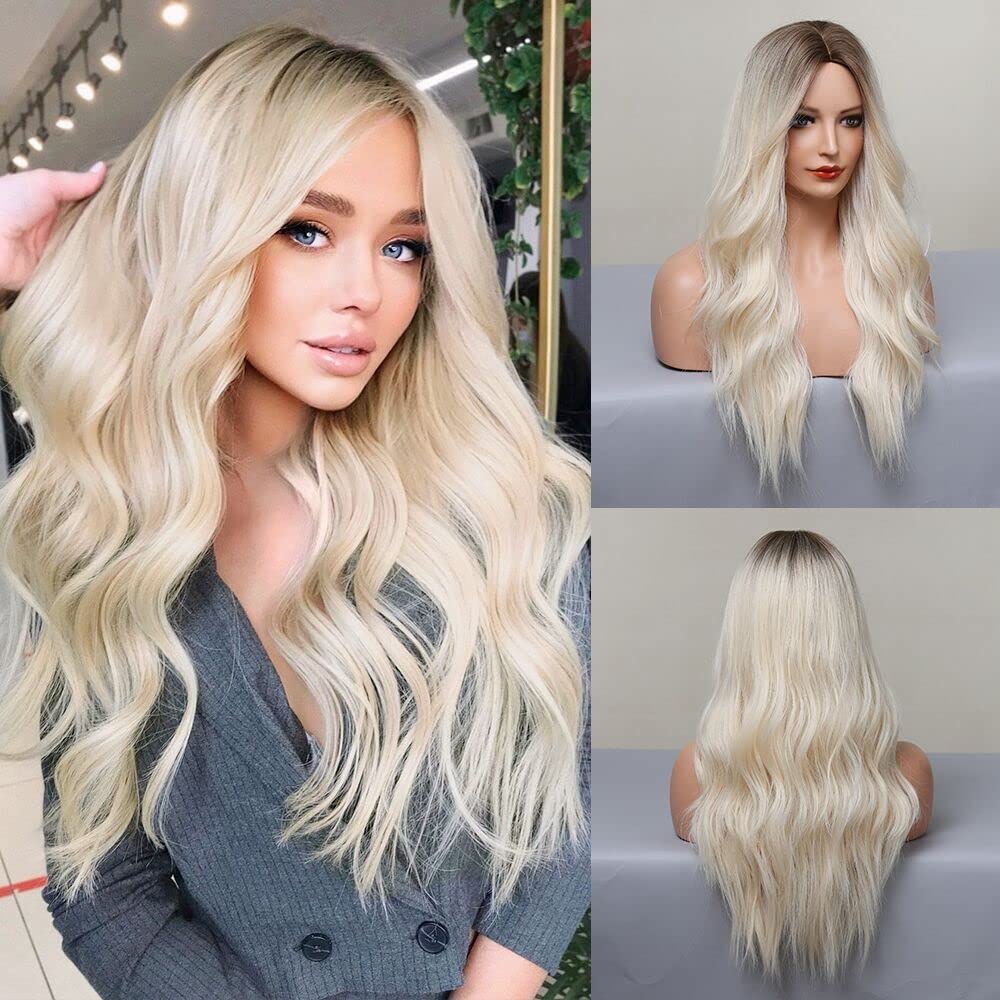 JOOLER Blonde Wig, Platinum Blonde Wigs for Women, Long Ombre Blonde Wig with Dark Roots, Heat Resistant Fiber, Adjustable Cap, 
