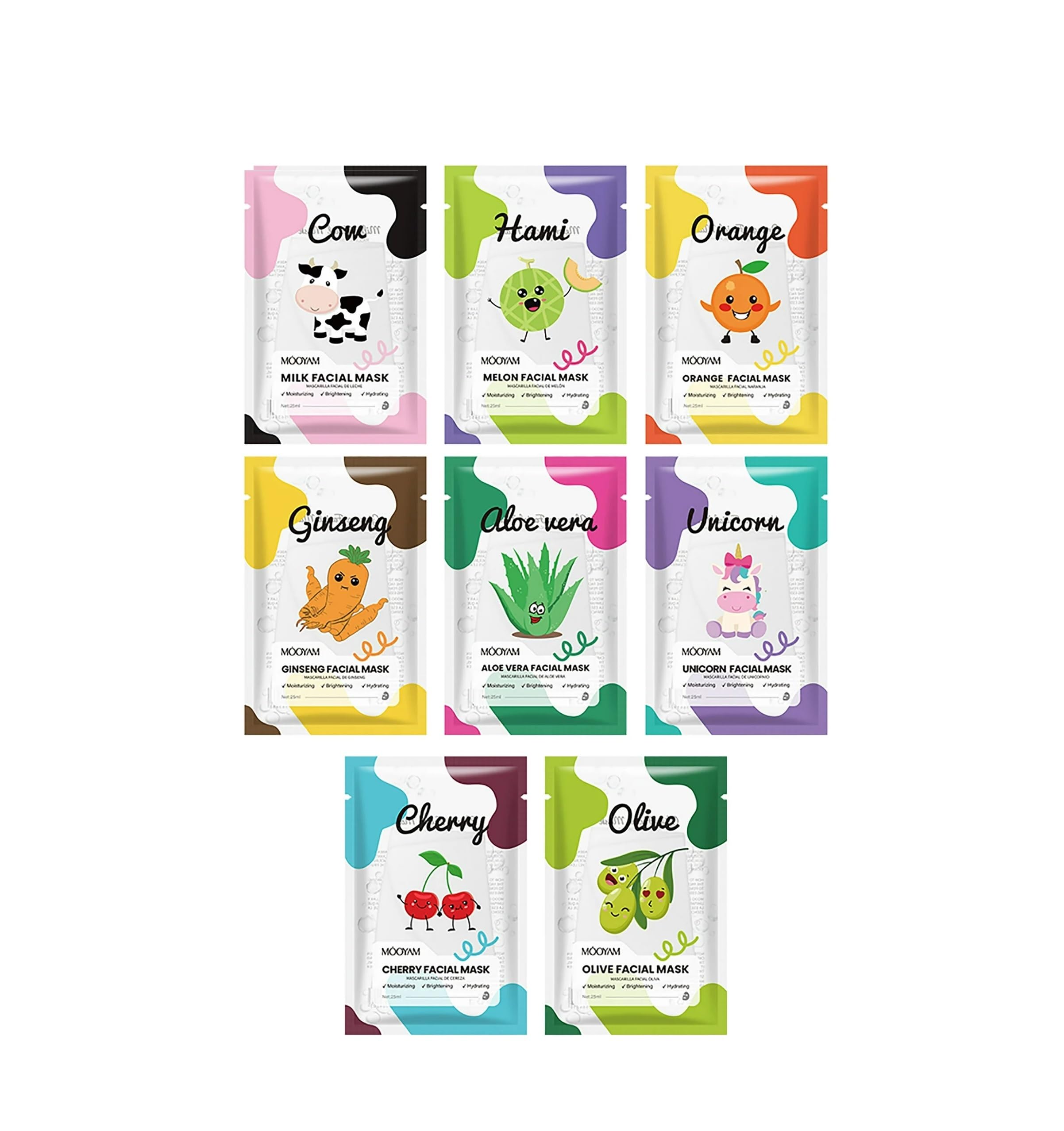 Mooyam Korean Sheet Mask Set, 8 Varieties  Milk, Melon, Orange, Ginseng, Aloe Vera, Unicorn, Cherry, Olive Facial Masks
