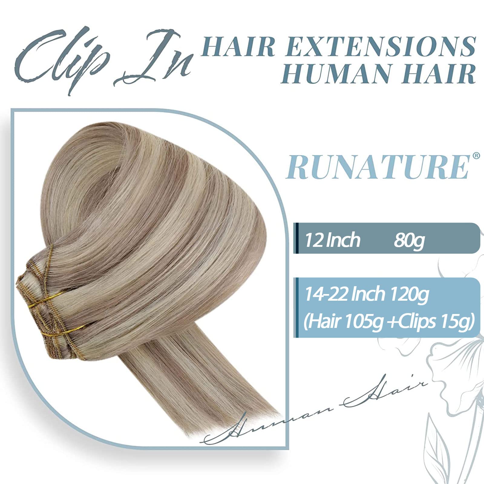 Runature Human Hair Clip In Extensions Grey Blonde Highlight Platinum Blonde Hair Extensions Clip Ins 20 Inch 120G Real Hair Cli