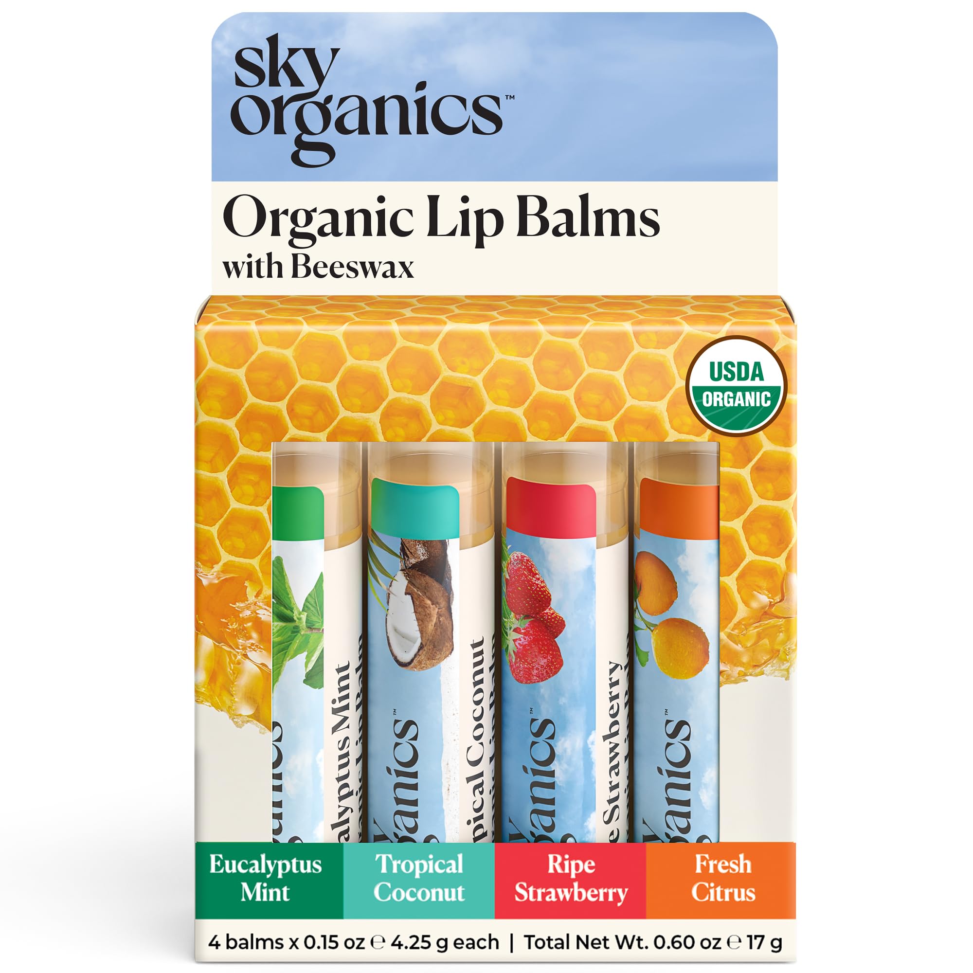 Sky Organics - Organic Lip Balm Set (4-Pack) - Organic Beeswax, Botanical Oils & Extracts - Vitamin E & Organic Natural Flavors 