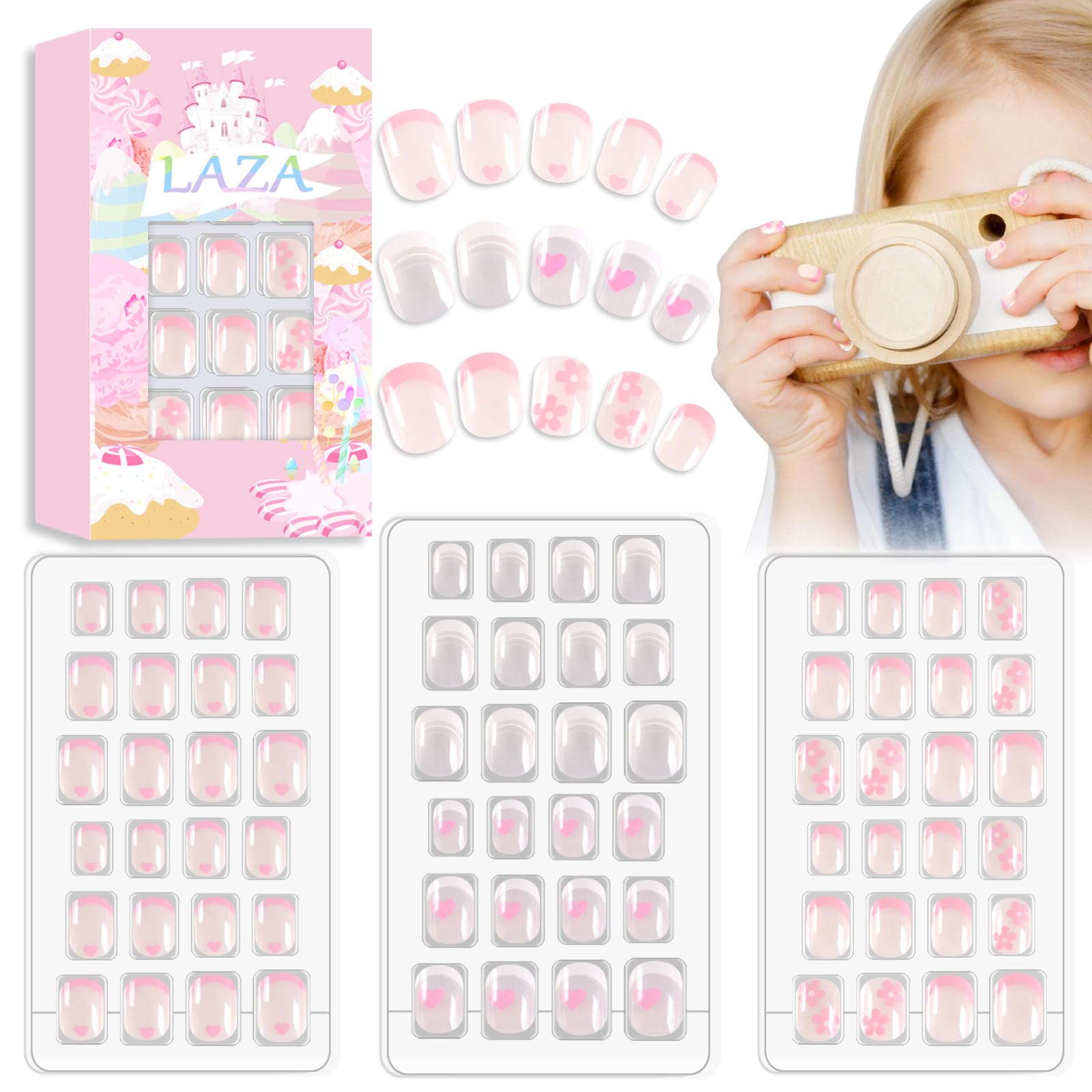 Laza 72pcs Children Nails Press On Pre-glue Full Cover White Pink Heart Flower Short False Nail Kits for Kids Teenager Girls - F