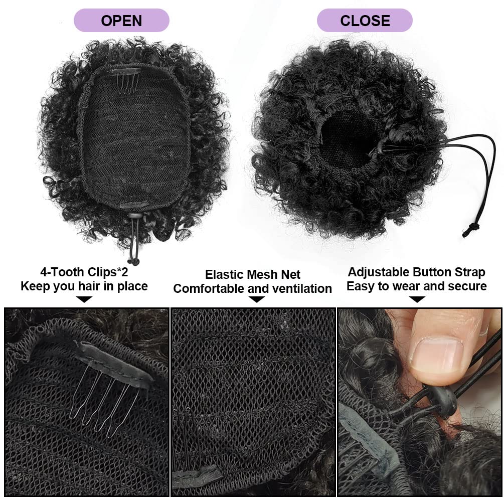 Yeame Afro Puff Drawstring Ponytail For Black Women, Short Kinky Curly Afro Ponytail Synthetic Hair Puffs, Premium Black Afro Bu
