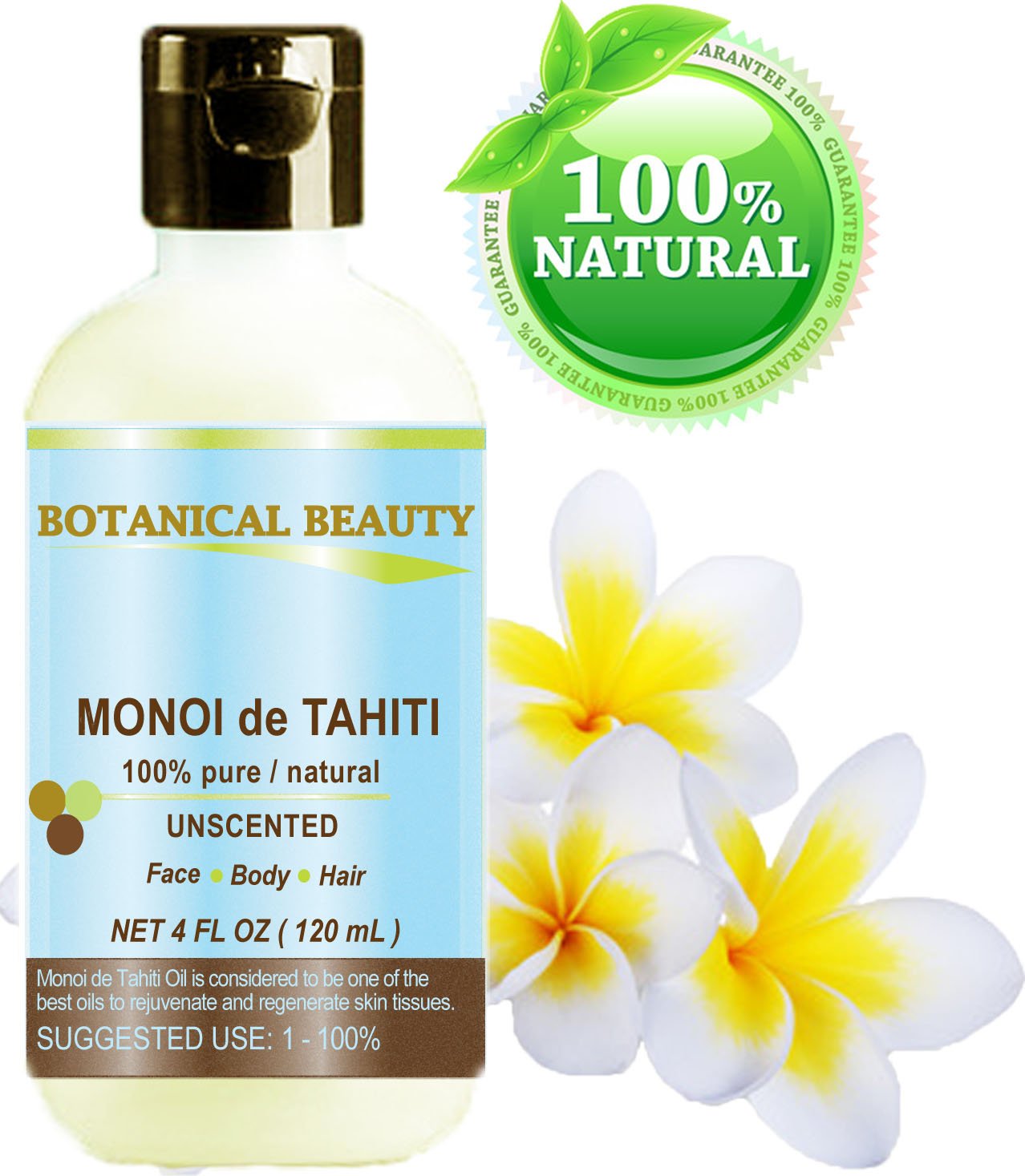Monoi De Tahiti Oil 100% Pure Natural Cold Pressed Undiluted Virgin Unscented For Face, Hair and Body. 4 fl.oz.- 120 ml by Botan