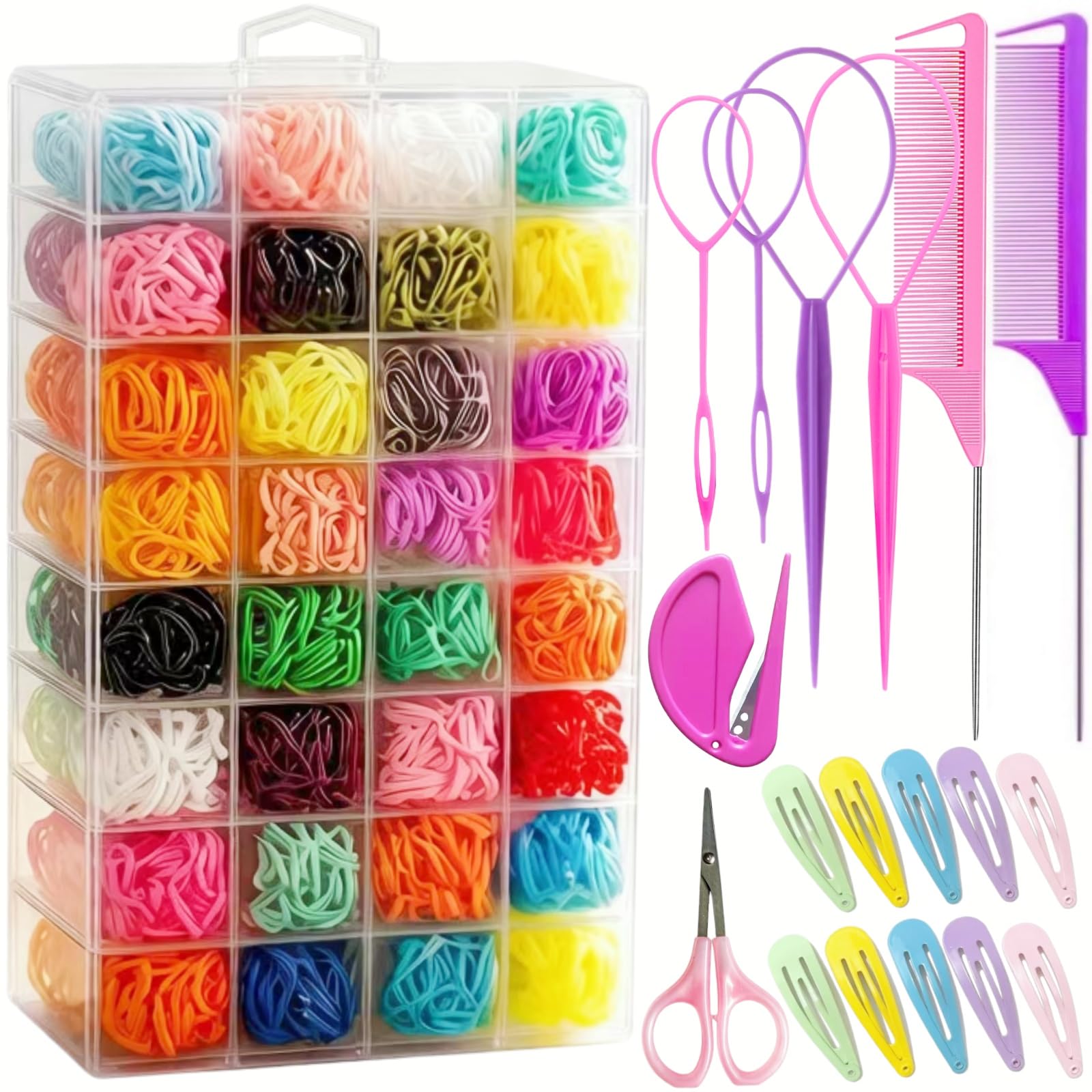 Aigee Small Hair Rubber Bands, 2000 Pcs in 32 Colors with 18 Styling Tools,including rat tail comb, topsy tail tools, snap clips