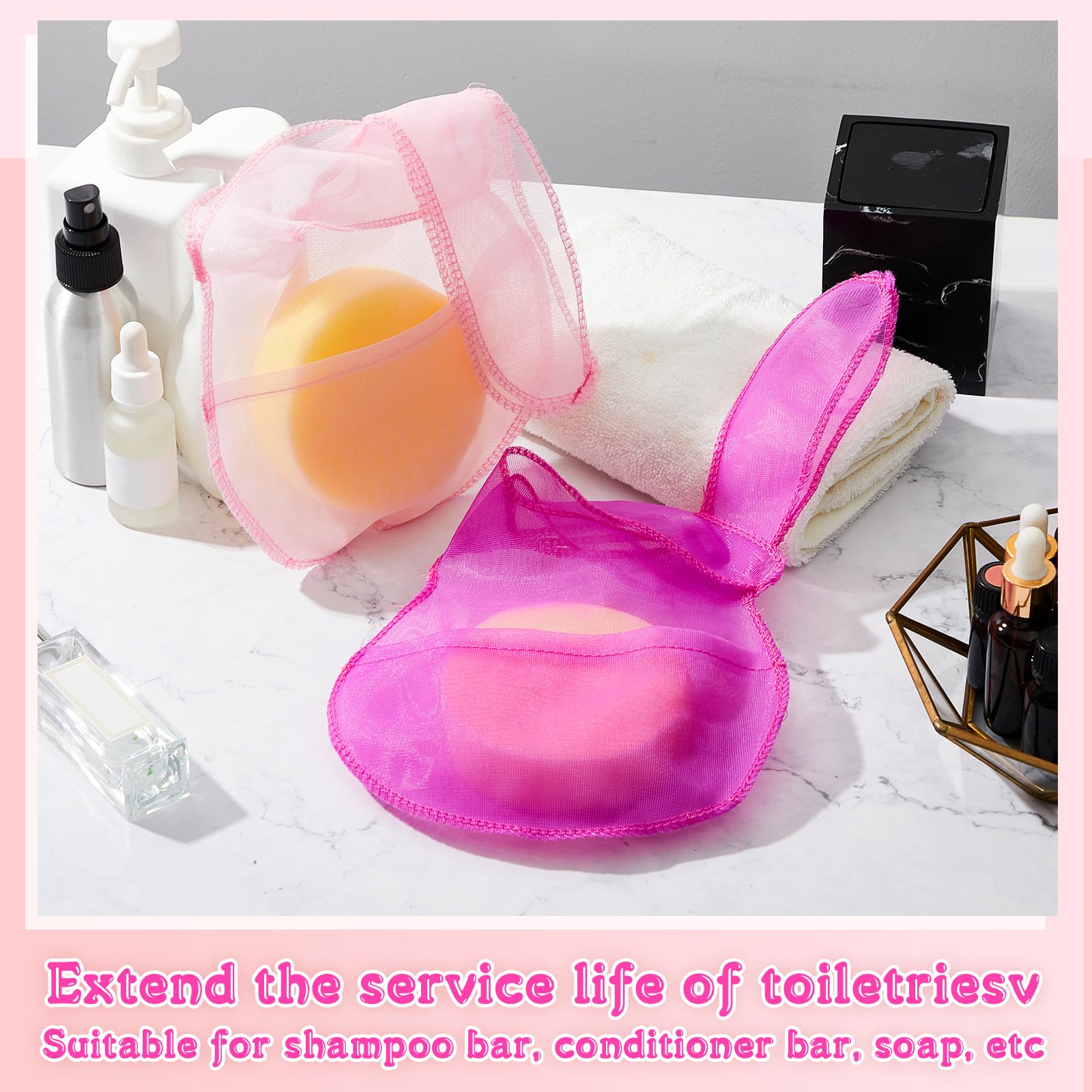 Nuanchu 2 Pcs Shampoo Bar Holder Bag Soap Saver Bag Beauty Shampoo Conditioner Bar Pouch Rabbit Shape Travel Soap Holder Loofah