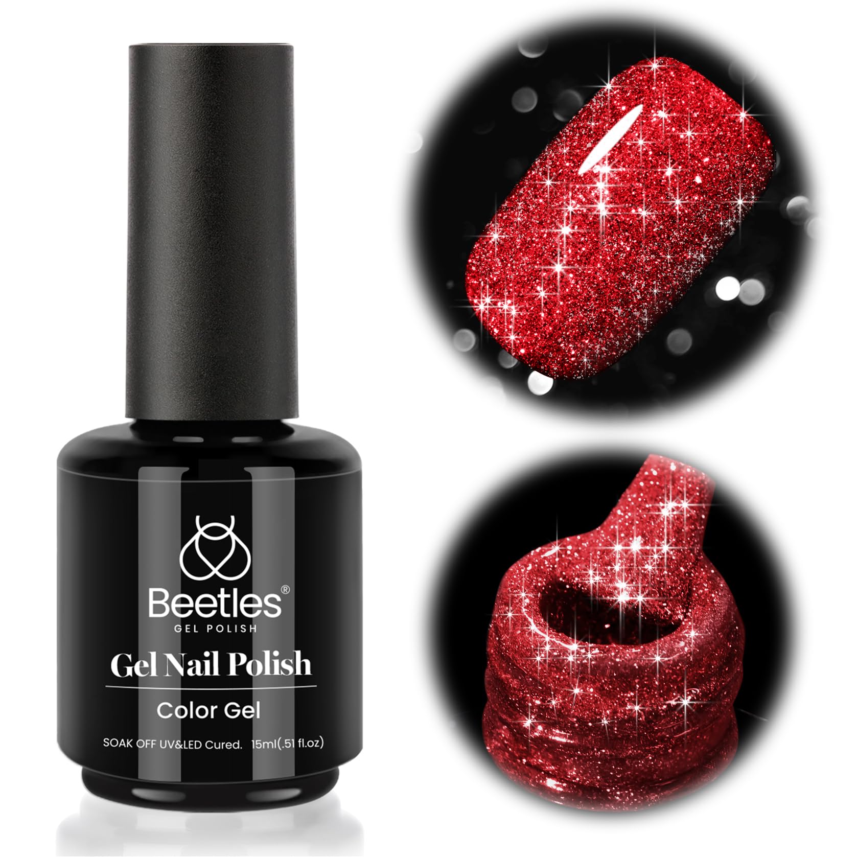 Beetles Red Gel Nail Polish - 15ml Sparkly Glitter Diamond Red Gel Polish for Girls & Women - Soak Off, UV Nail Lamp Included