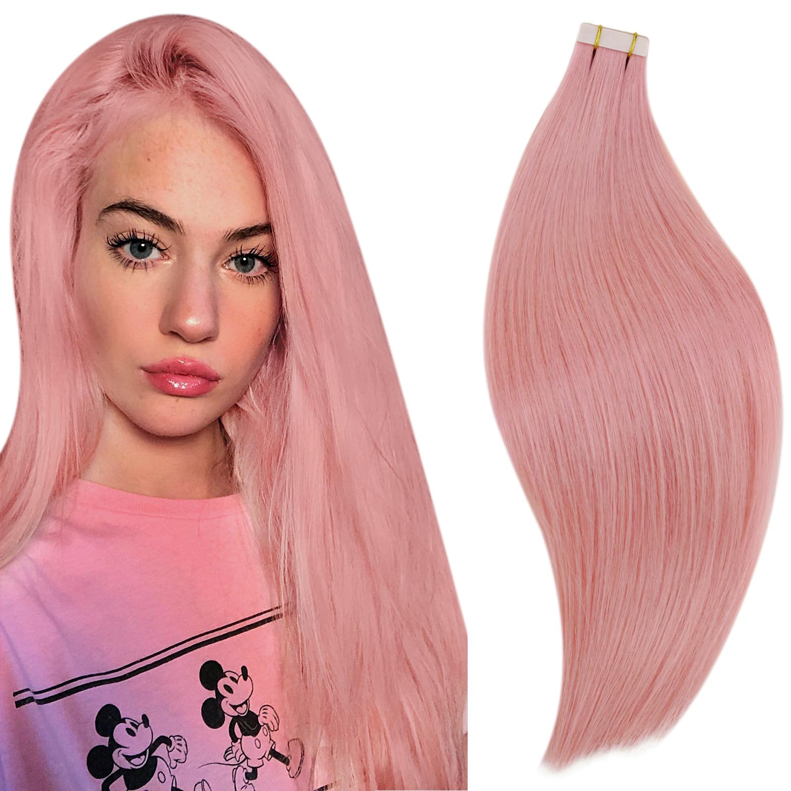 Light Pink 16 Inch Tape In Human Hair Extensions For Women By Runature