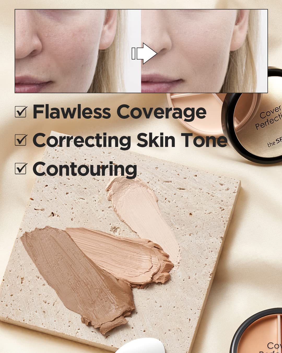 Thesaem Cover Perfection Triple Pot Concealer - 3 Color Concealer With Full Coverage Natural Beige Shade Covers Blemishes Spots,