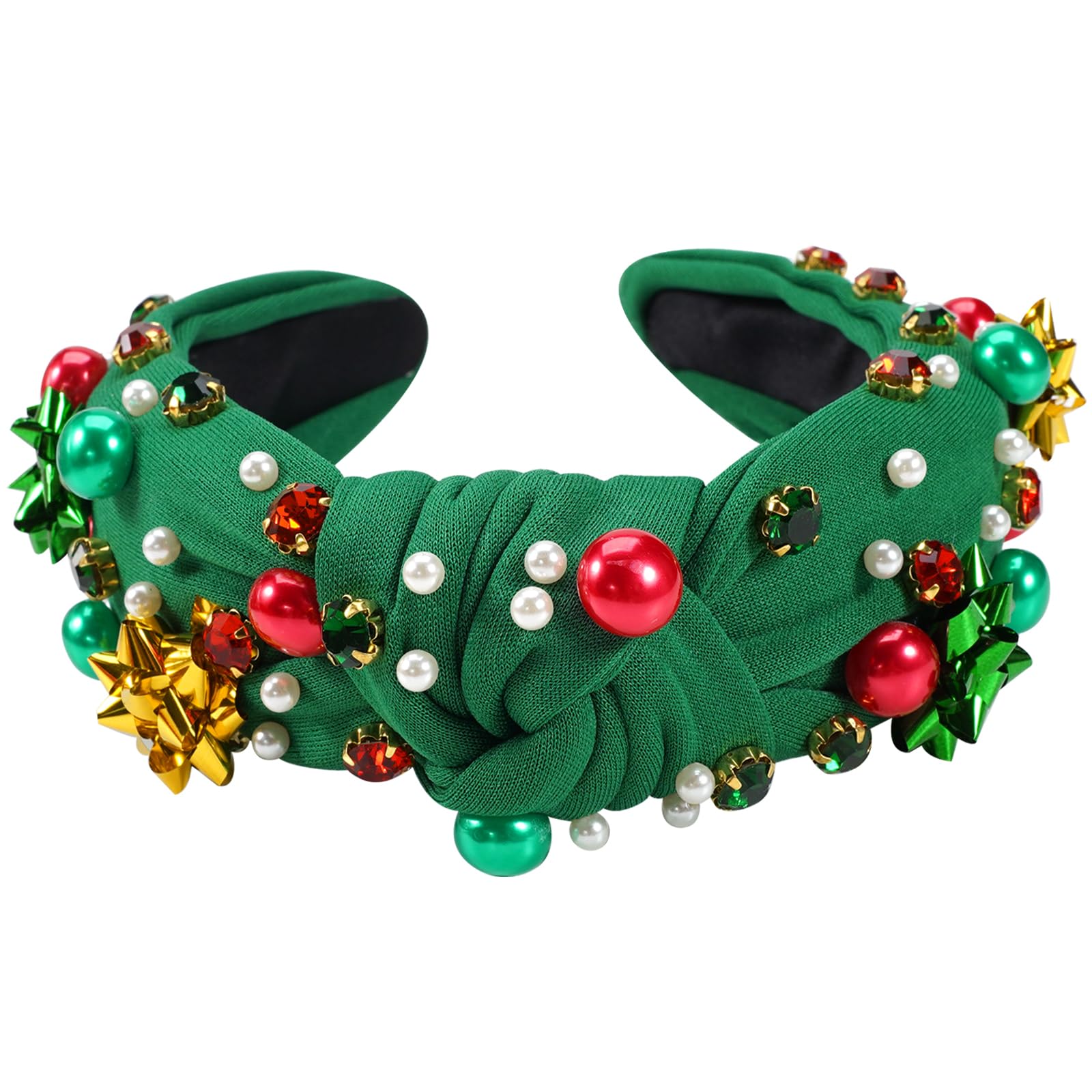 Ardorchid Christmas Headbands for Women Pearl Knotted Headband Xmas Green Rhinestone Crystal Jeweled Hairband Elegant Ladies Wid