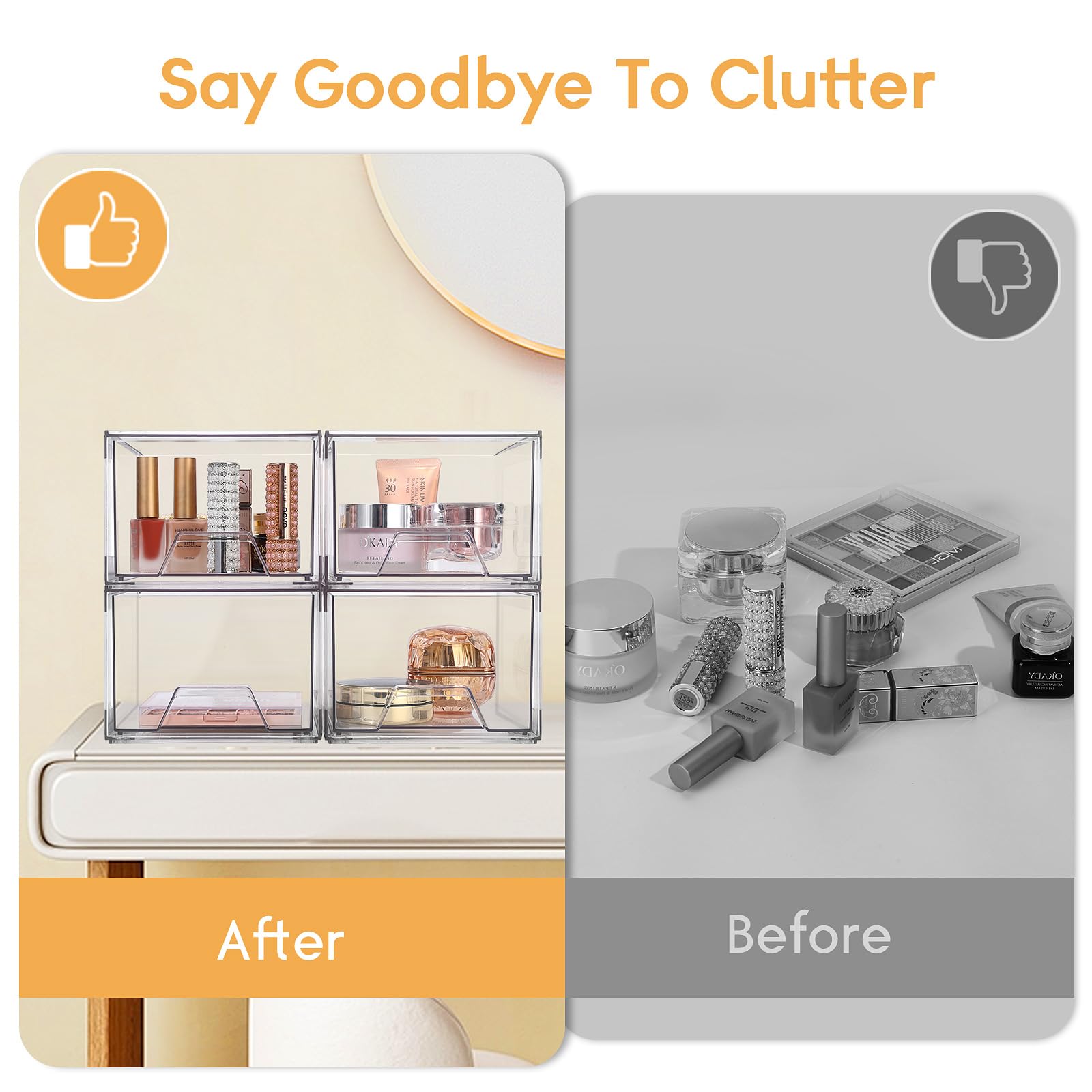 Amaoot 4 Pack Stackable Makeup Organizer, Acrylic Bathroom Organizer And Storage Drawers, Clear Plastic Drawer Storage Bins For