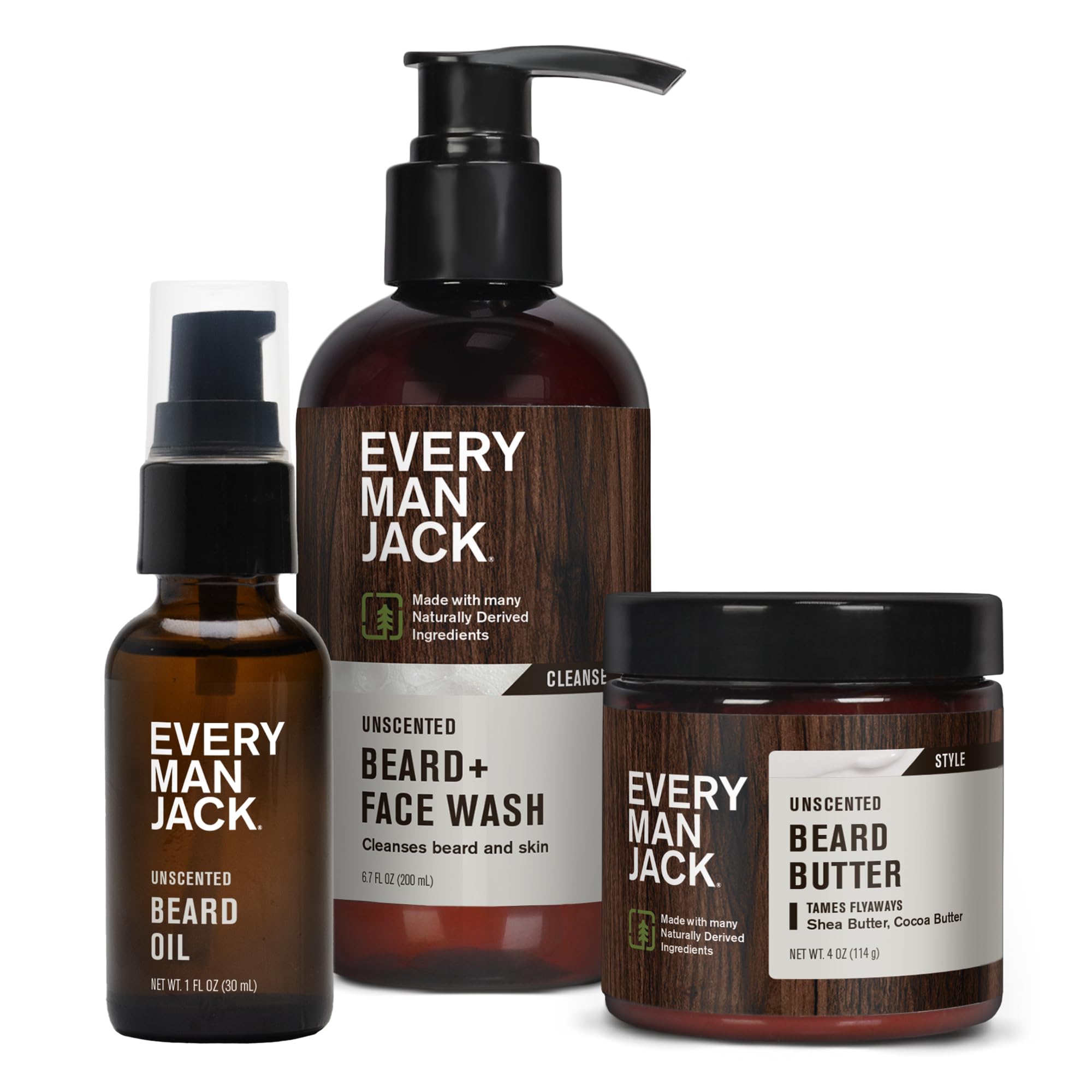 Every Man Jack Unscented Beard Bundle - Fragrance Free For Sensitive Skin - Contains (1) Each Of Beard & Face Wash, Beard Butter