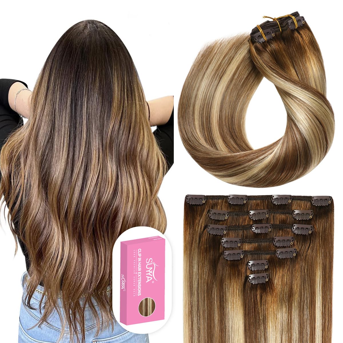SUYYA Clip in Hair Extensions Real Human Hair 120g 7pcs Hair Extensions Real Human Hair Clip ins Silky Straight Double Weft Bala