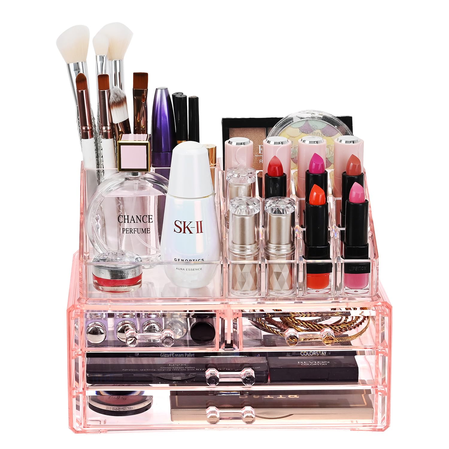 Ikee Design Pink Jewelry & Cosmetic Storage Display Boxes Two Pieces Set, Organizer Makeup Holder, for Vanity