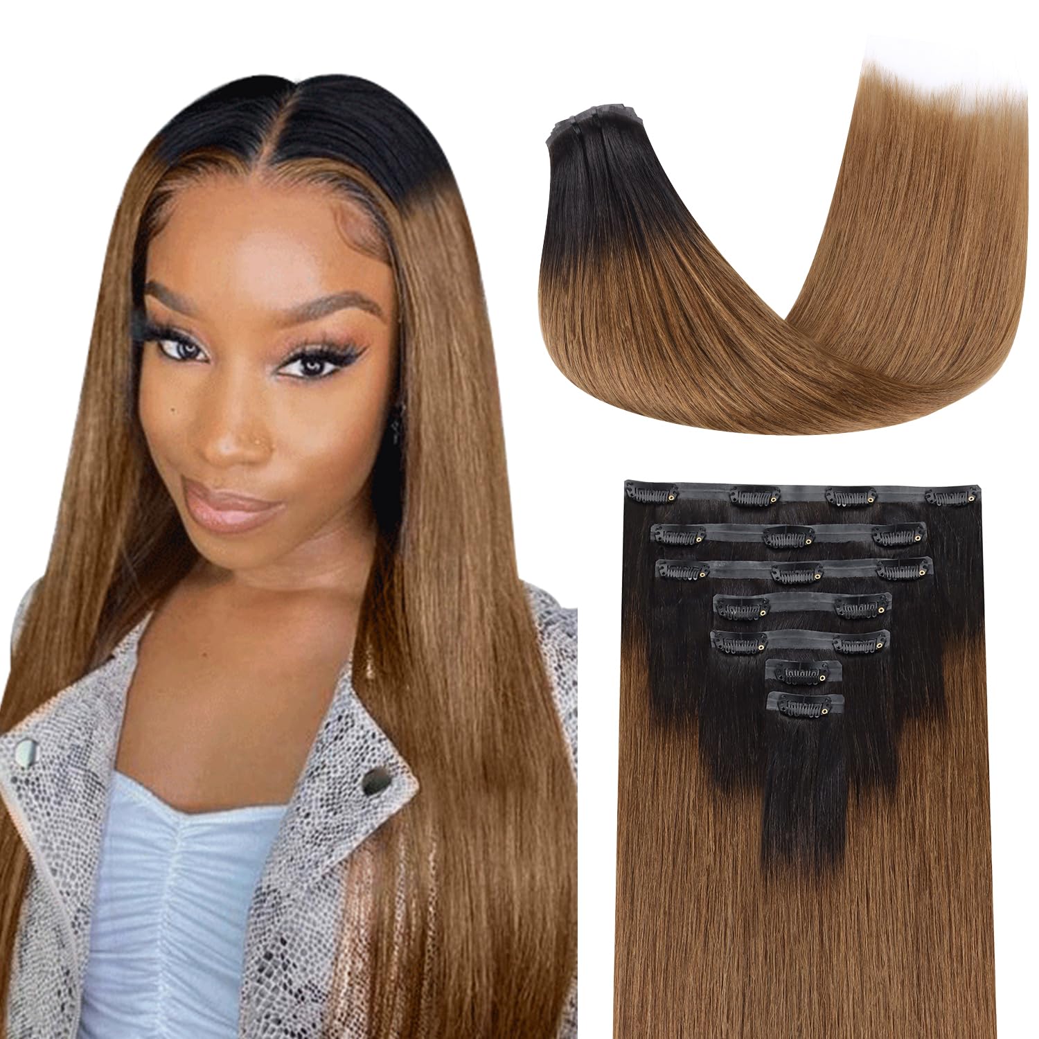 Lashey Clip in Hair Extensions 110g 7pcs Yaki Straight Seamless Clip in Hair Extensions Human Hair for Women 18 Inch Ombre Natur