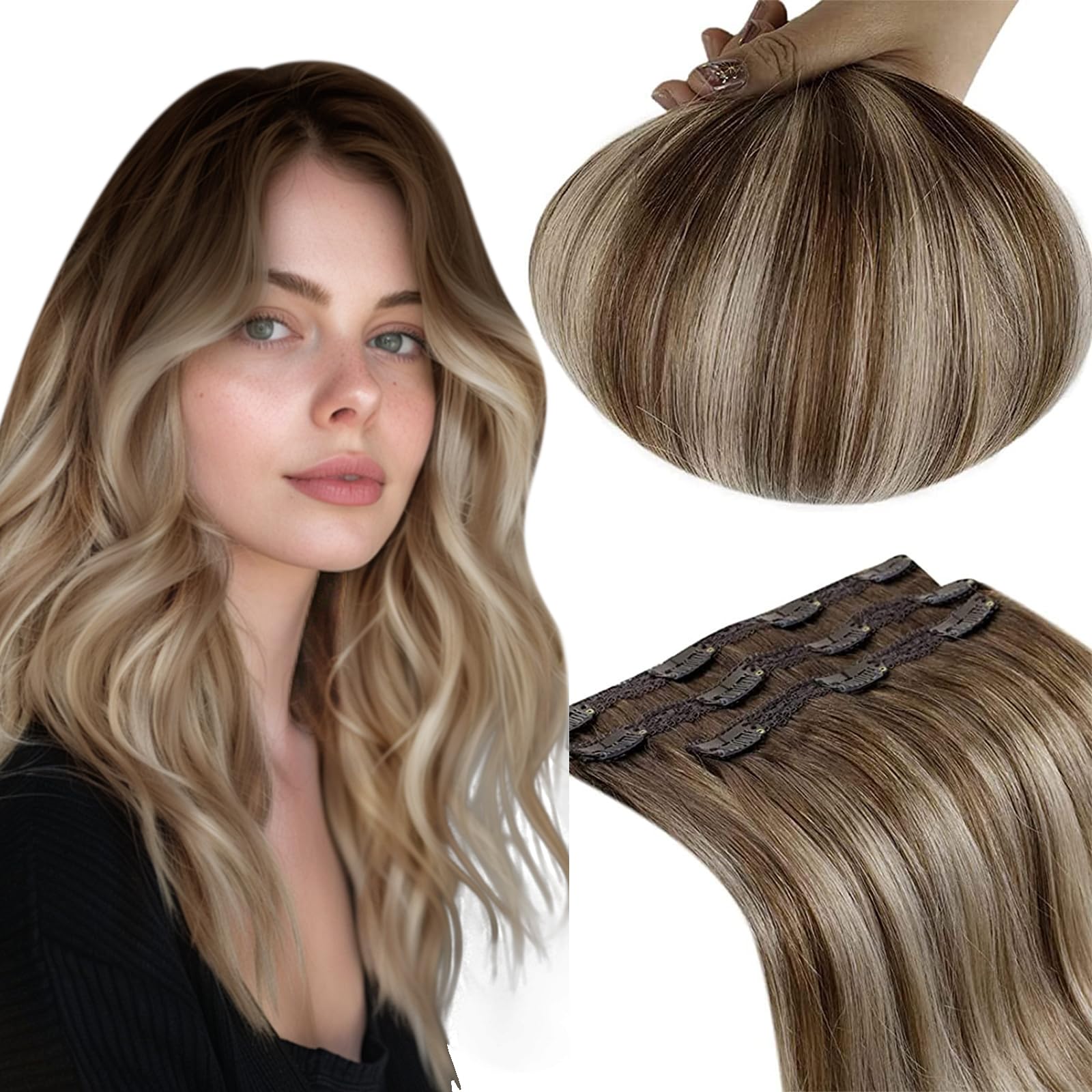 RUNATURE 16 Inch Clip in Hair Extensions Real Human Hair Balayage Brown to Blonde Balayage Hair Extensions Clip in Human Hair Th