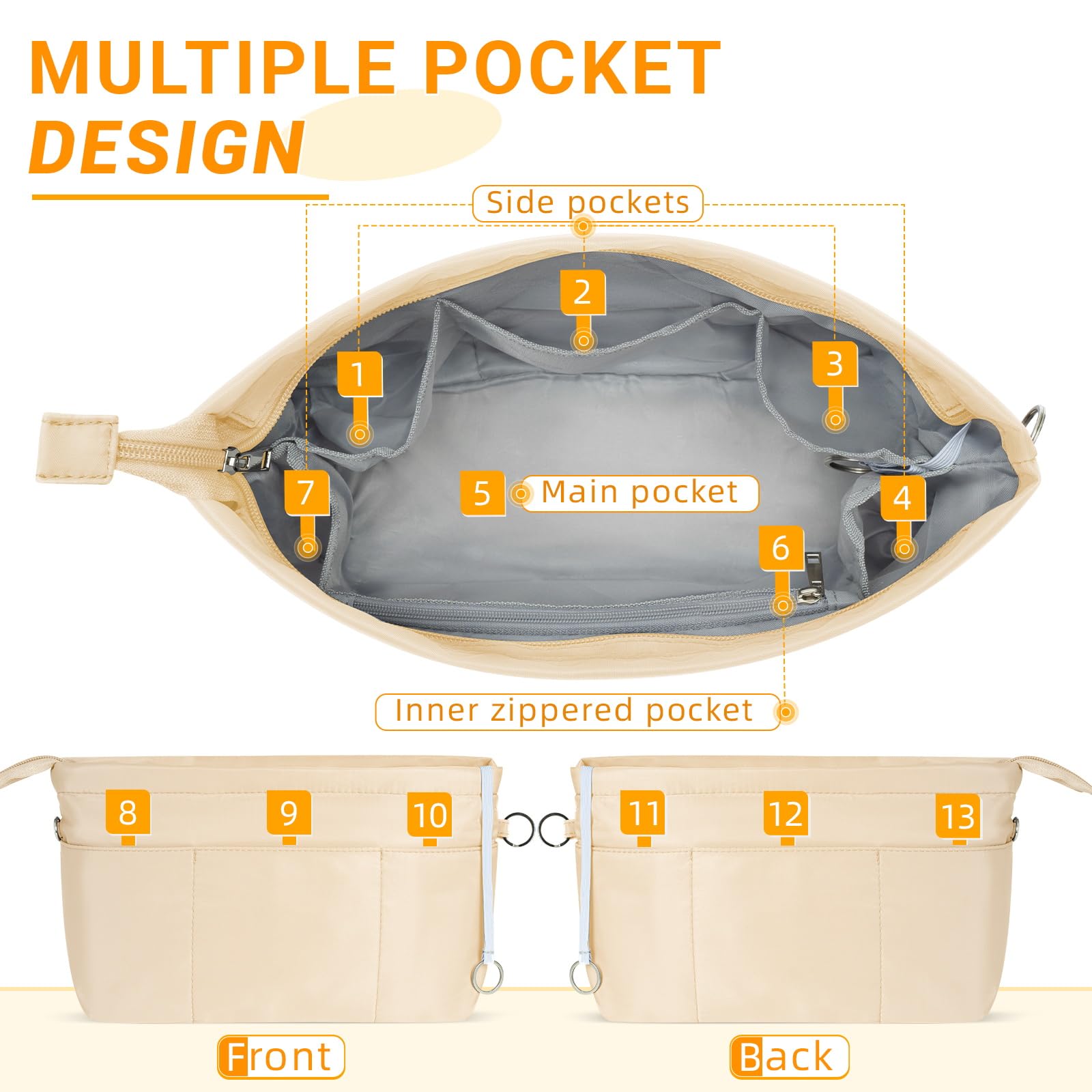 HyFanStr Purse Organizer Insert with Zipped Top for Tote Bag, Handbag Shaper with 13 Pockets, Beige L
