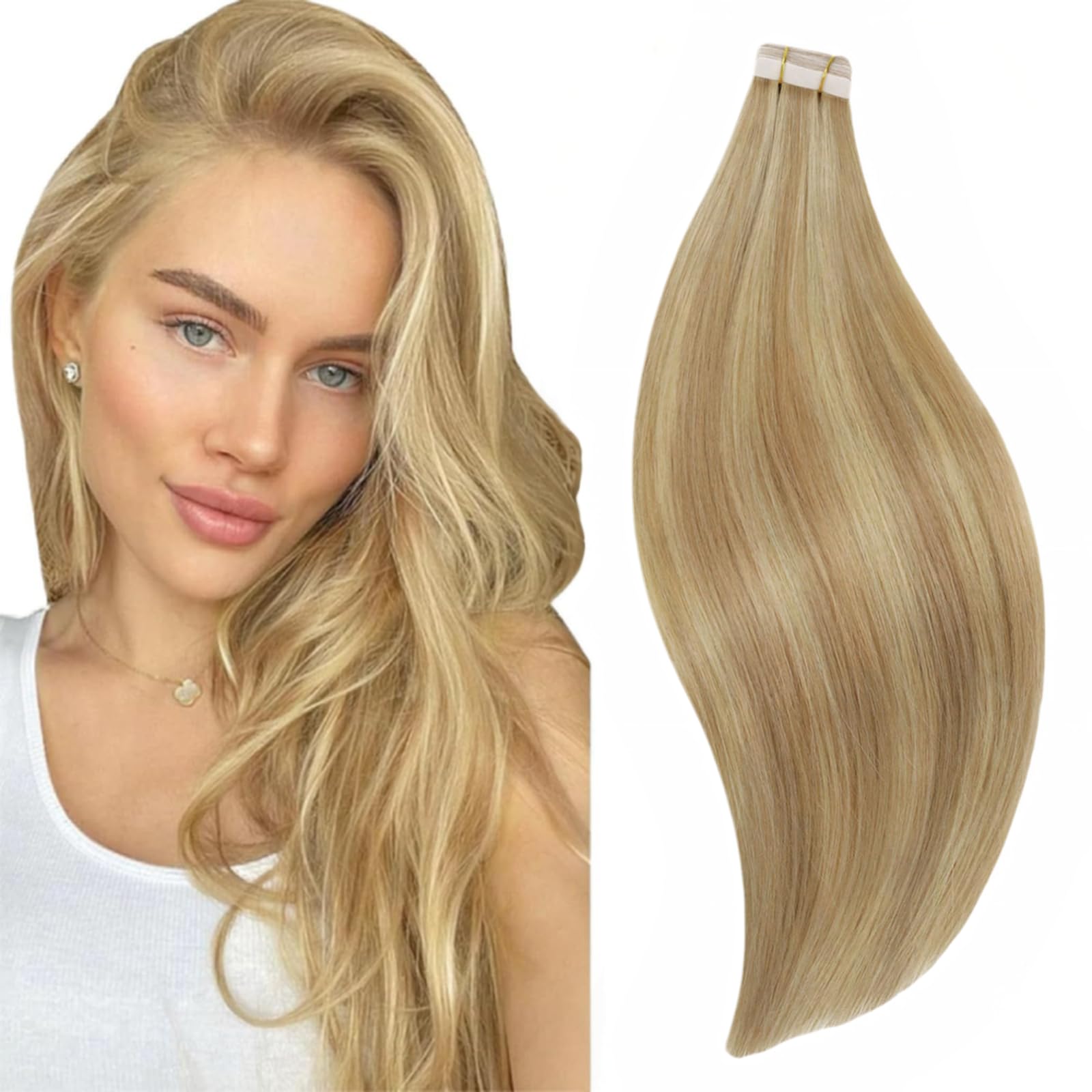 Runature 20 Inch Invisible Tape In Hair Extensions Human Hair Golden Blonde Mix Platinum Blonde Tape In Human Hair Extensions Fu