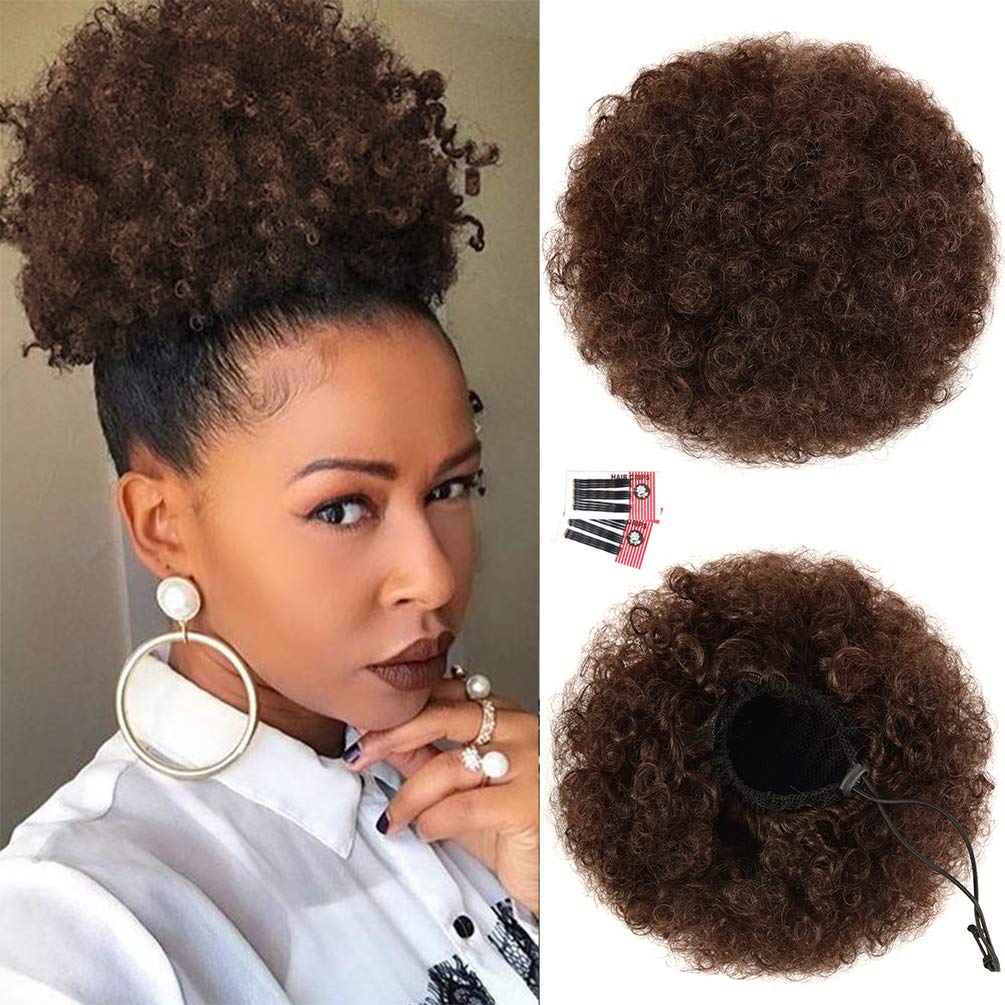 rosmile Afro Puff Drawstring Ponytail Extension for Black Women, Premium Medium Brown #4 80 Gram Short Synthetic Afro Puff Ponyt