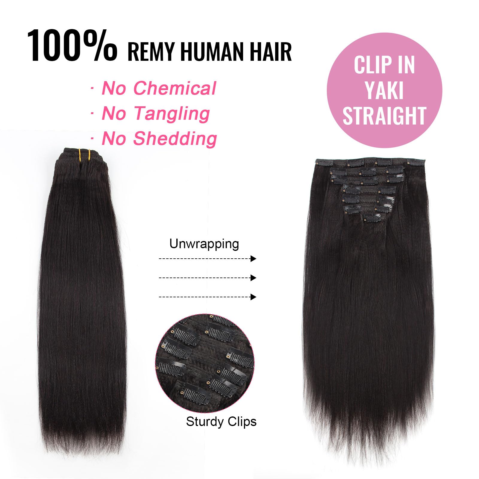 ABH AMAZINGBEAUTY HAIR 24 Inch Yaki Straight Clip in Hair Extensions for African American Relaxed Hair Yaki Clip in Hair Extensi