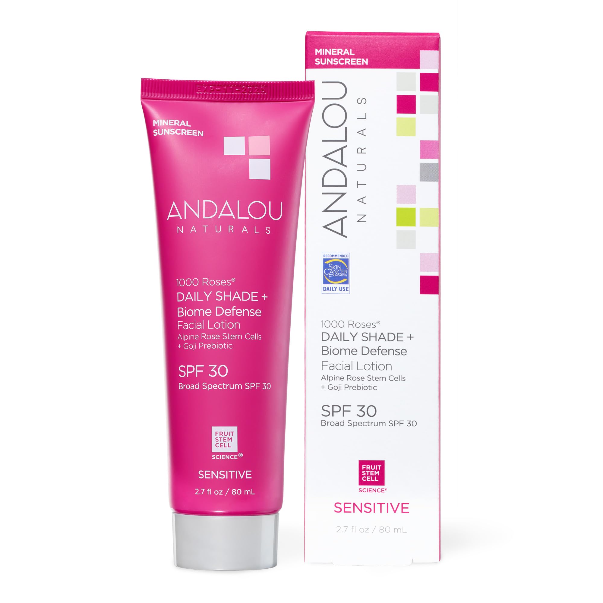 Andalou Naturals Daily Shade Face Sunscreen, 1000 Roses, Spf 30 Mineral Sunscreen With Zinc Oxide, Skin Barrier Defense + Broad