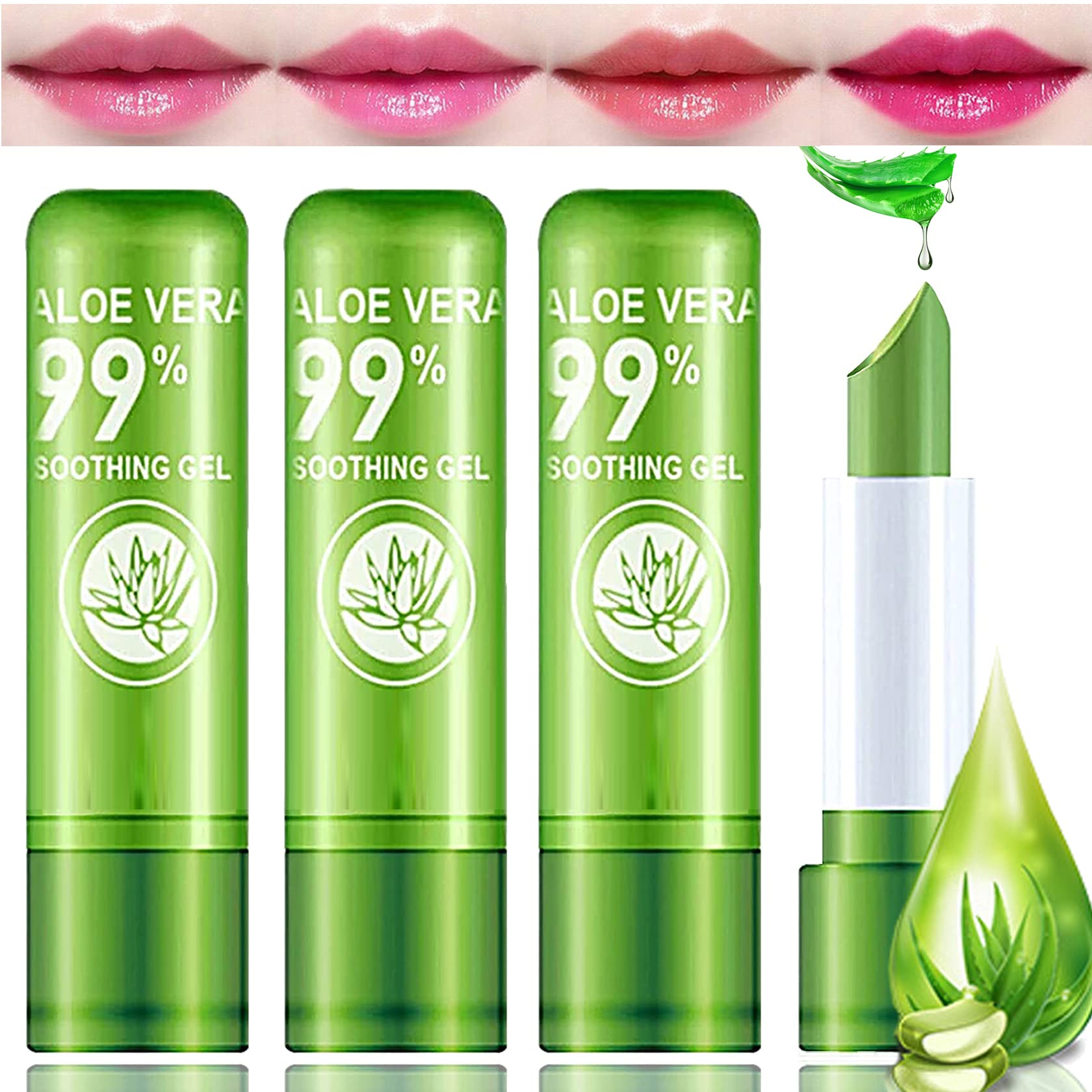 4 Pack Aloe Vera Lipstick,Long Wear Nourishing Lip Stick,Waterproof Moisturizing Color Changing Lip Balm Lipstick,Lip Gloss,Magi
