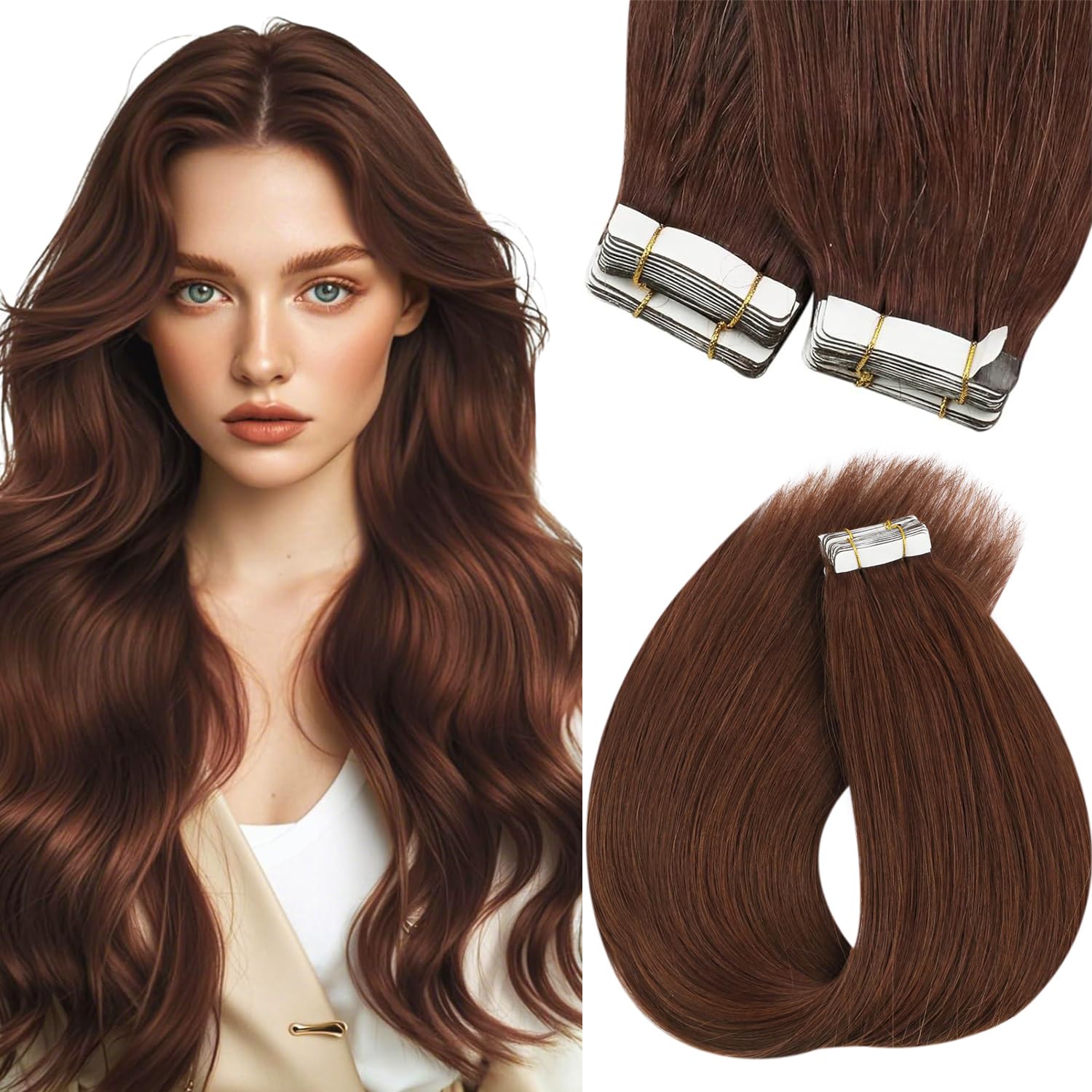 Sunny Hair Tape in Hair Extensions Real Human Hair Invisible Remy Hair Extensions Tape ins for Women Auburn Brown 20 inch 20Pcs 
