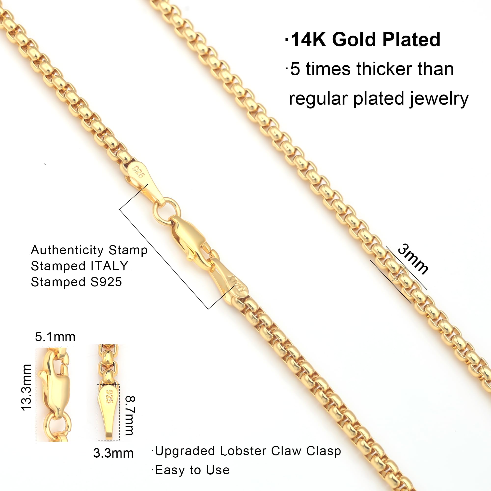 Waitsoul 925 Sterling Silver Box Chain Lobster Clasp 3mm Gold Chain for Women Men Gold Necklace Chain 16-30 Inches (16)