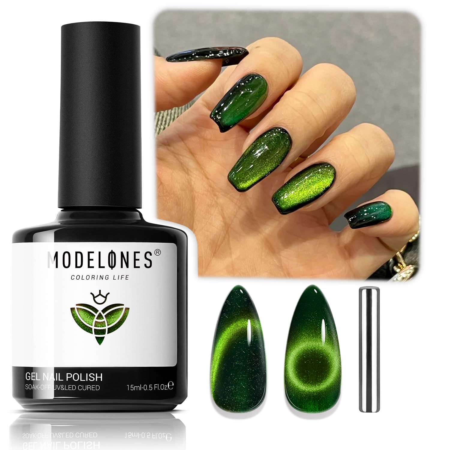 Modelones Cat Eye Gel Nail Polish,15 Ml Green Gel Nail Polish Sparkle Reflective Glitter Gel Polish Dark Green Polish 9D With Ma