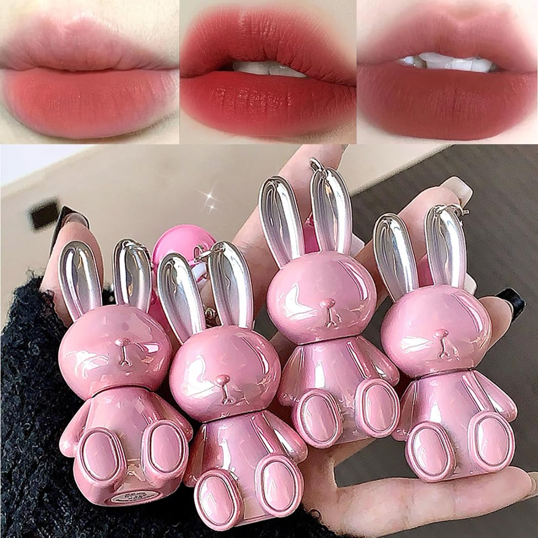 Skynest 3 Colors Matte Liquid Lipstick, Cute Rabbit Key Chain Lip Gloss, Lightweight Matte Finish Lip Stain Full Coverage Korean