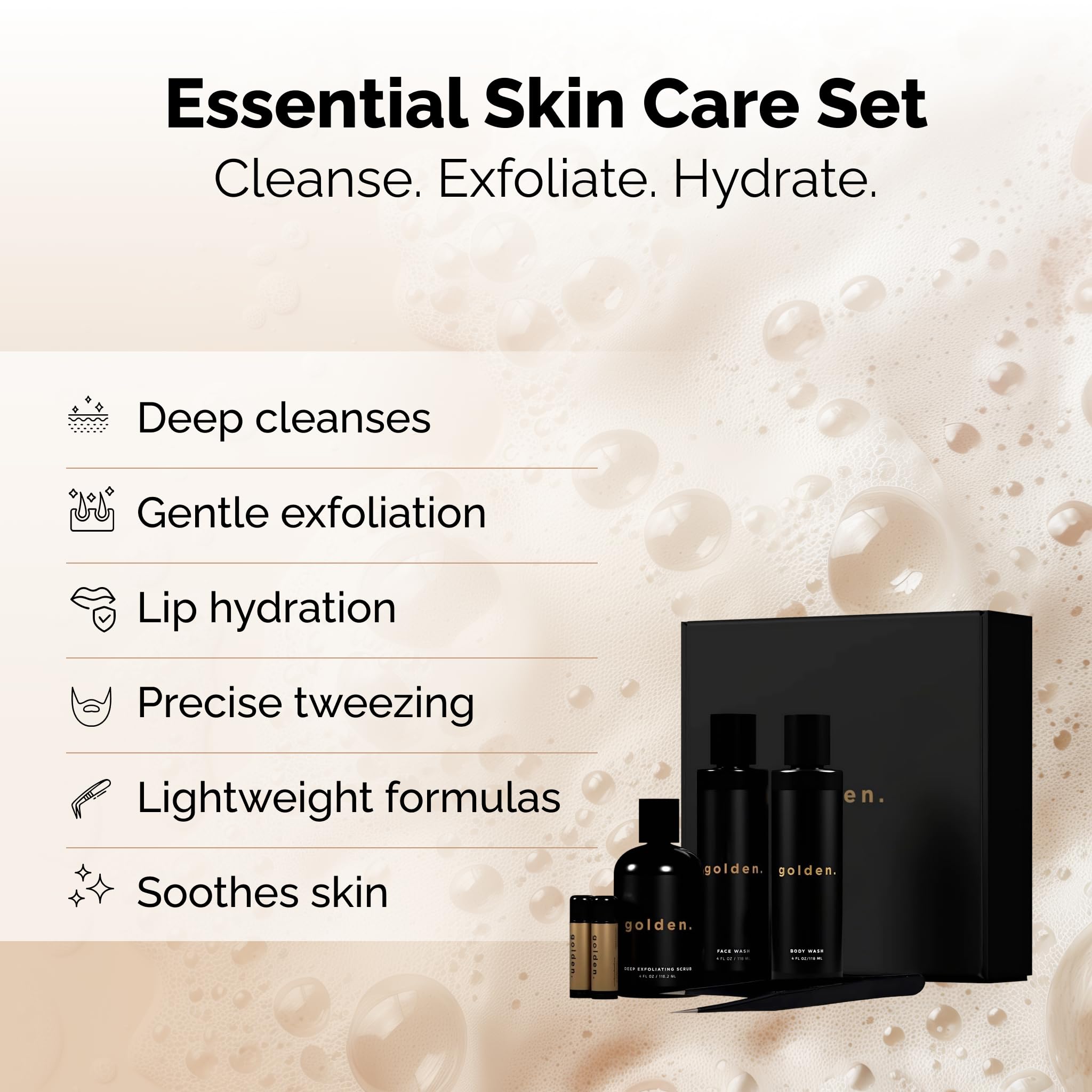 Golden Grooming Co. Essential Skincare Set for Men | Complete Face & Body Care Kit with Face Wash, Exfoliating Scrub, Body Wash,