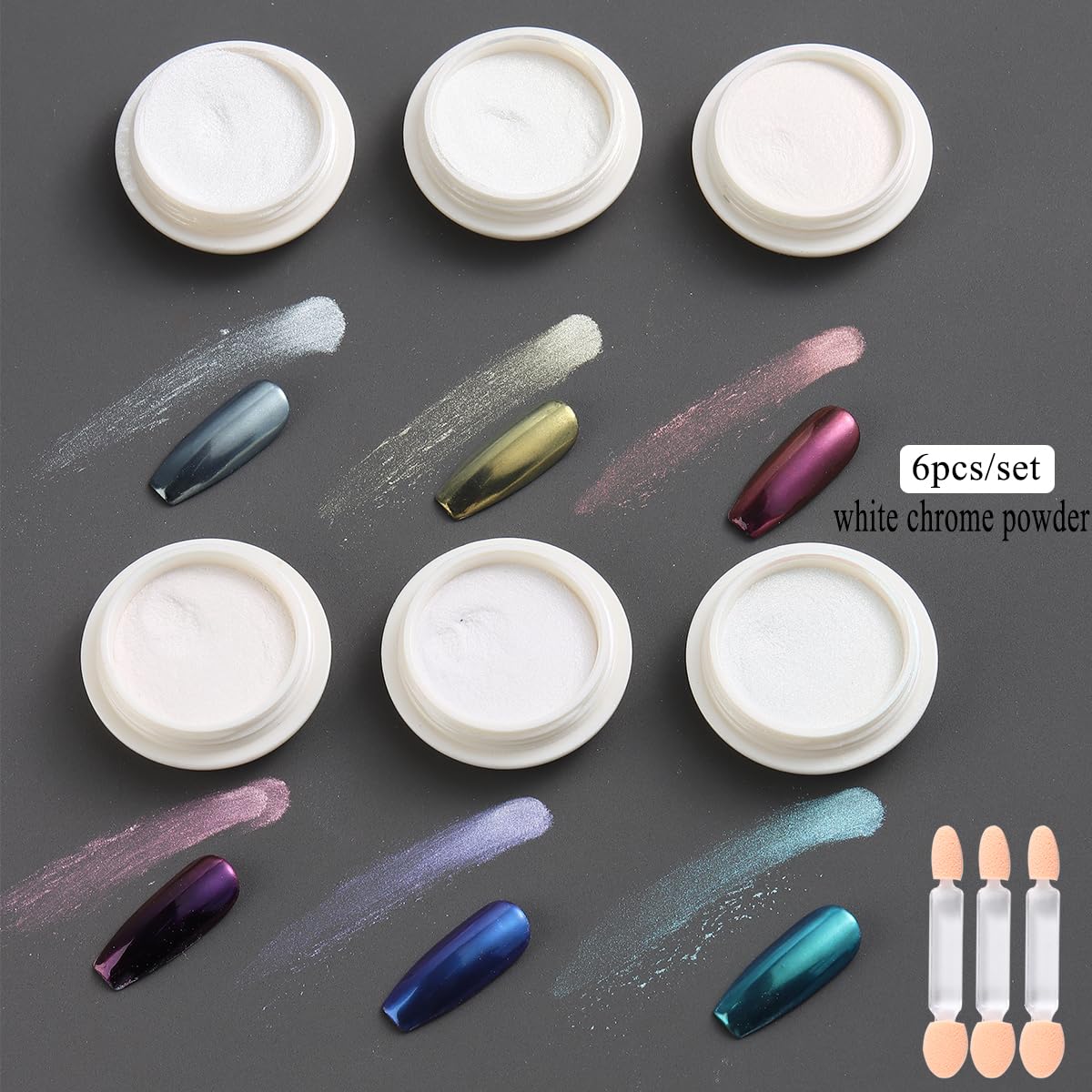 Fcozpjk White Chrome Nail Powder, 6 Colors Pearl Chrome Powder For Nails, Mirror Effect Metallic Rubbing Pigment Dust Glazed Don