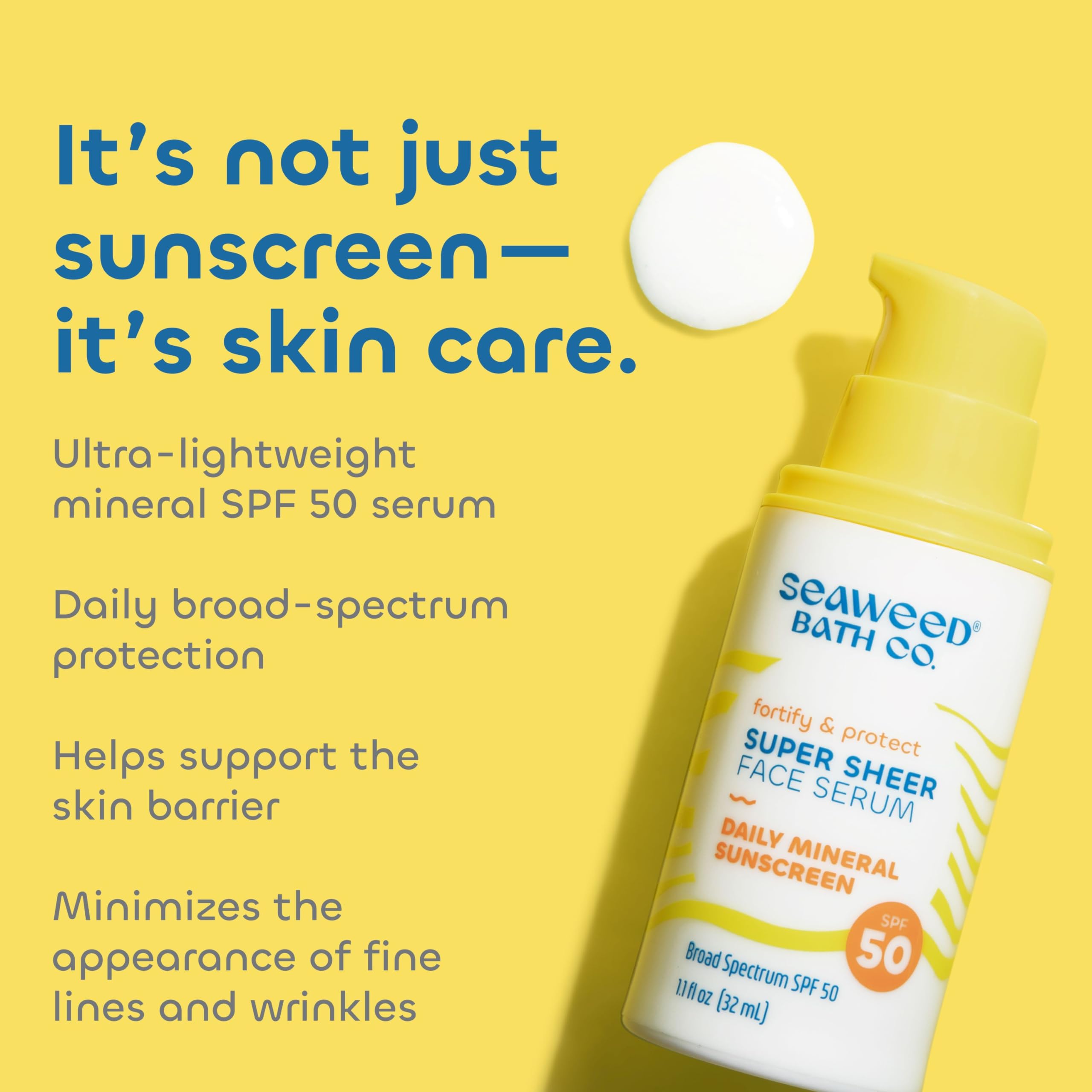 Seaweed Bath Co. Fortify & Protect Super Sheer Face Serum SPF 50 Broad Spectrum Zinc Oxide Facial Sunscreen, 1.1 Ounce, Non-Tint