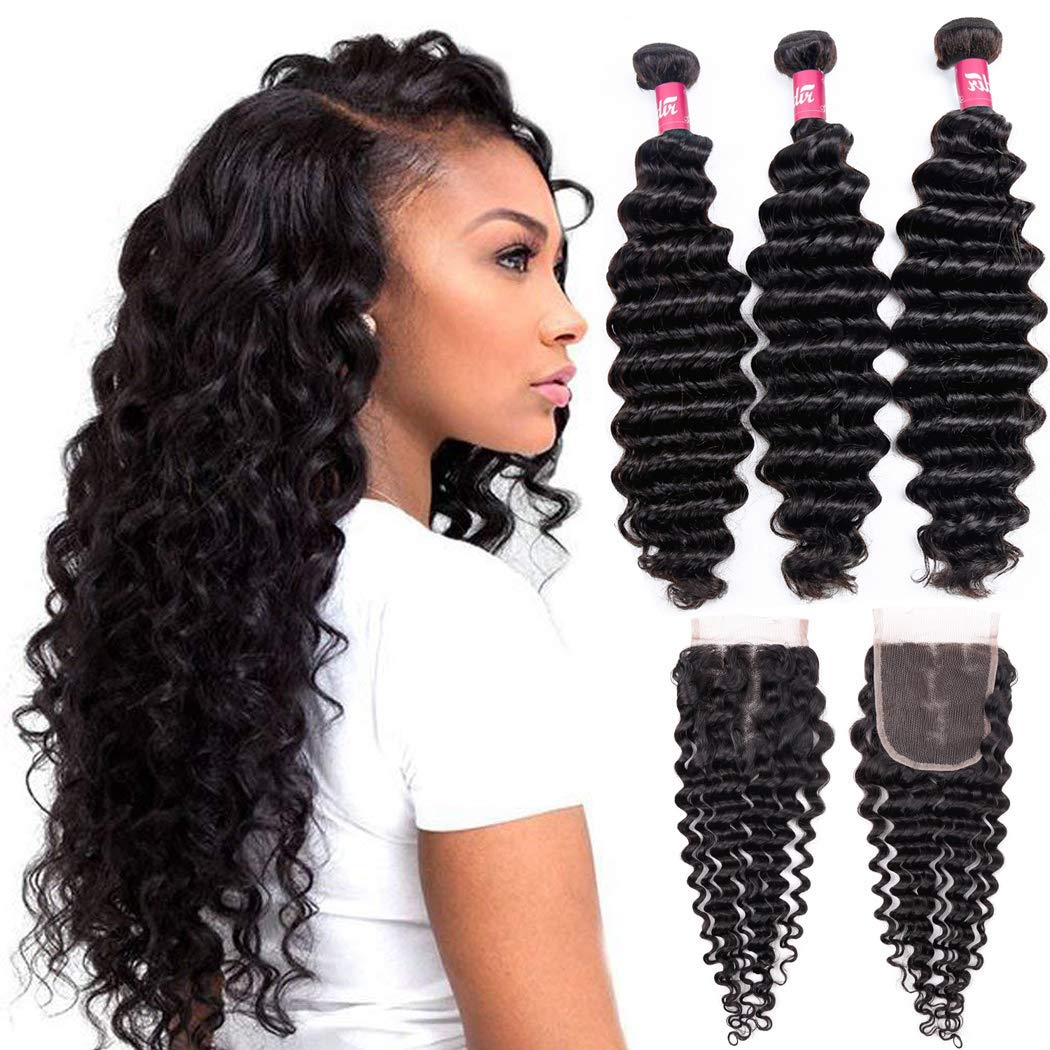 Brazilian Deep Wave Human Hair with Closure 26 28 60+20 Inch Unprocessed 9A Deep Curly Virgin Hair Weave 3 Bundles with 4  4 Lac