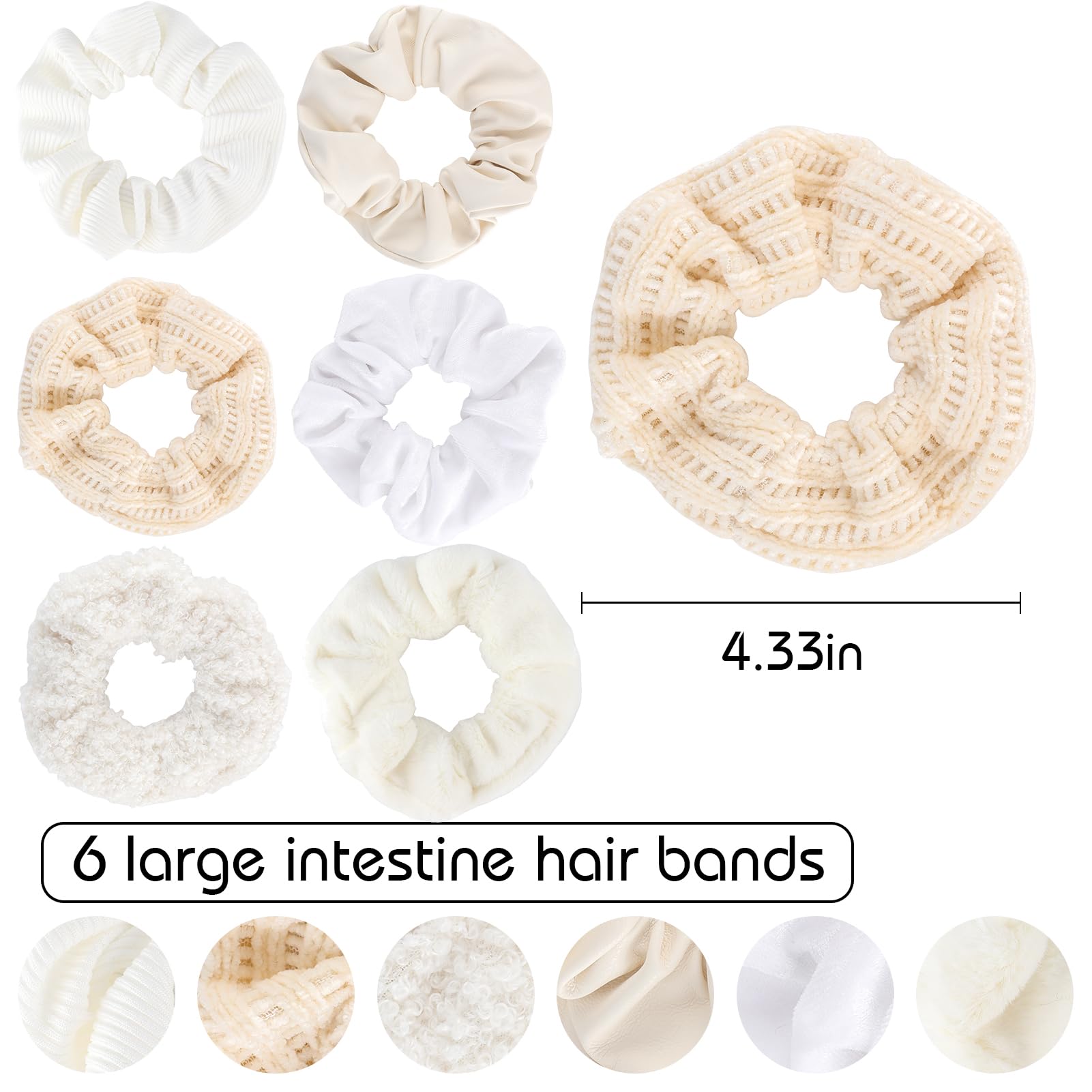 Scrunchies For Women Girls 6Pcs White Velvet Scrunchies For Thick Hair Ultra Textured Soft Scrunchy Hair Ties Pu Elastic Hair Ba