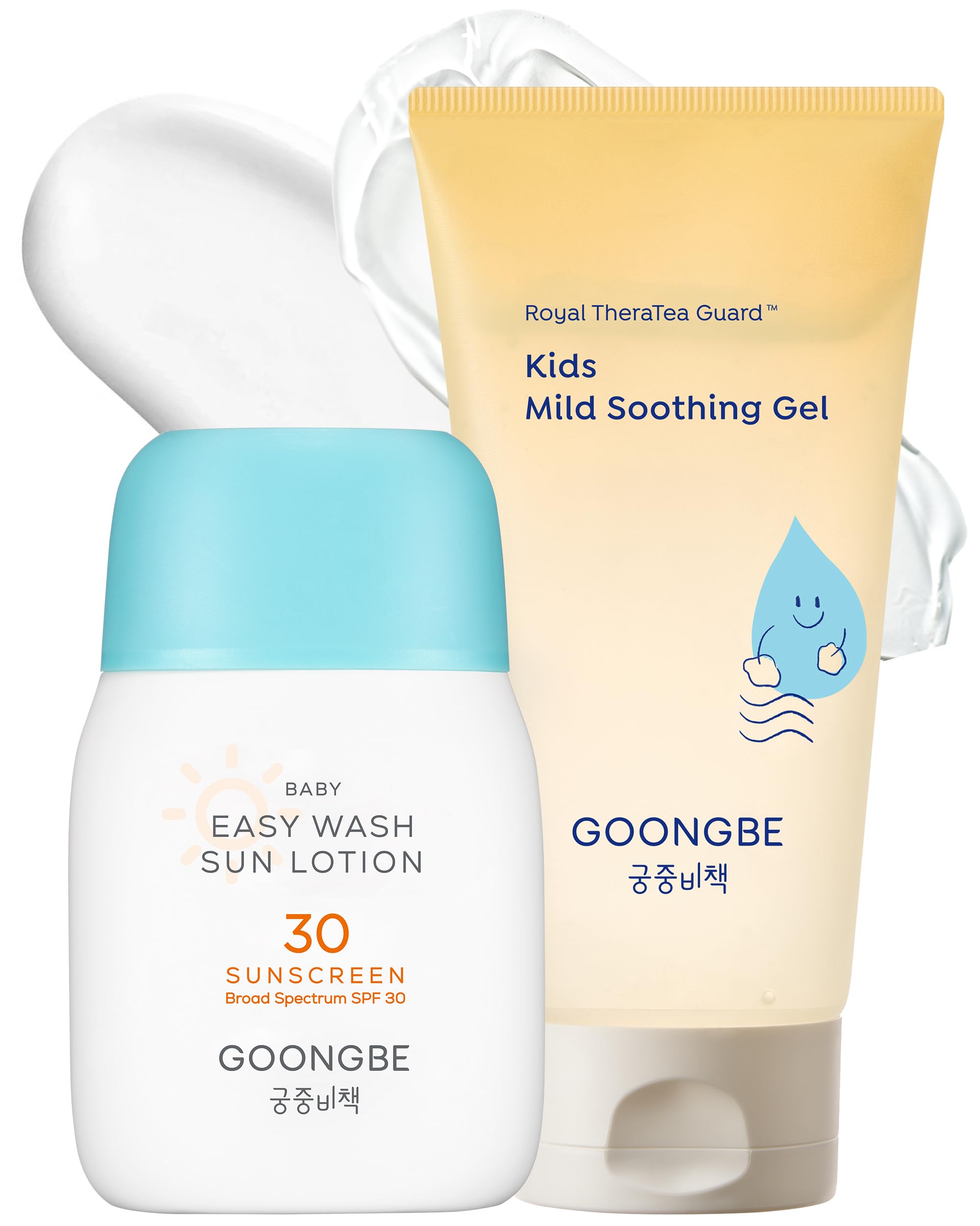 GOONGBE Baby Kids Easy Wash Sun Lotion SPF 30 & Mild Soothing Gel - Zinc Oxide Mineral Sunscreen & After Sun Relief - Korean Ski