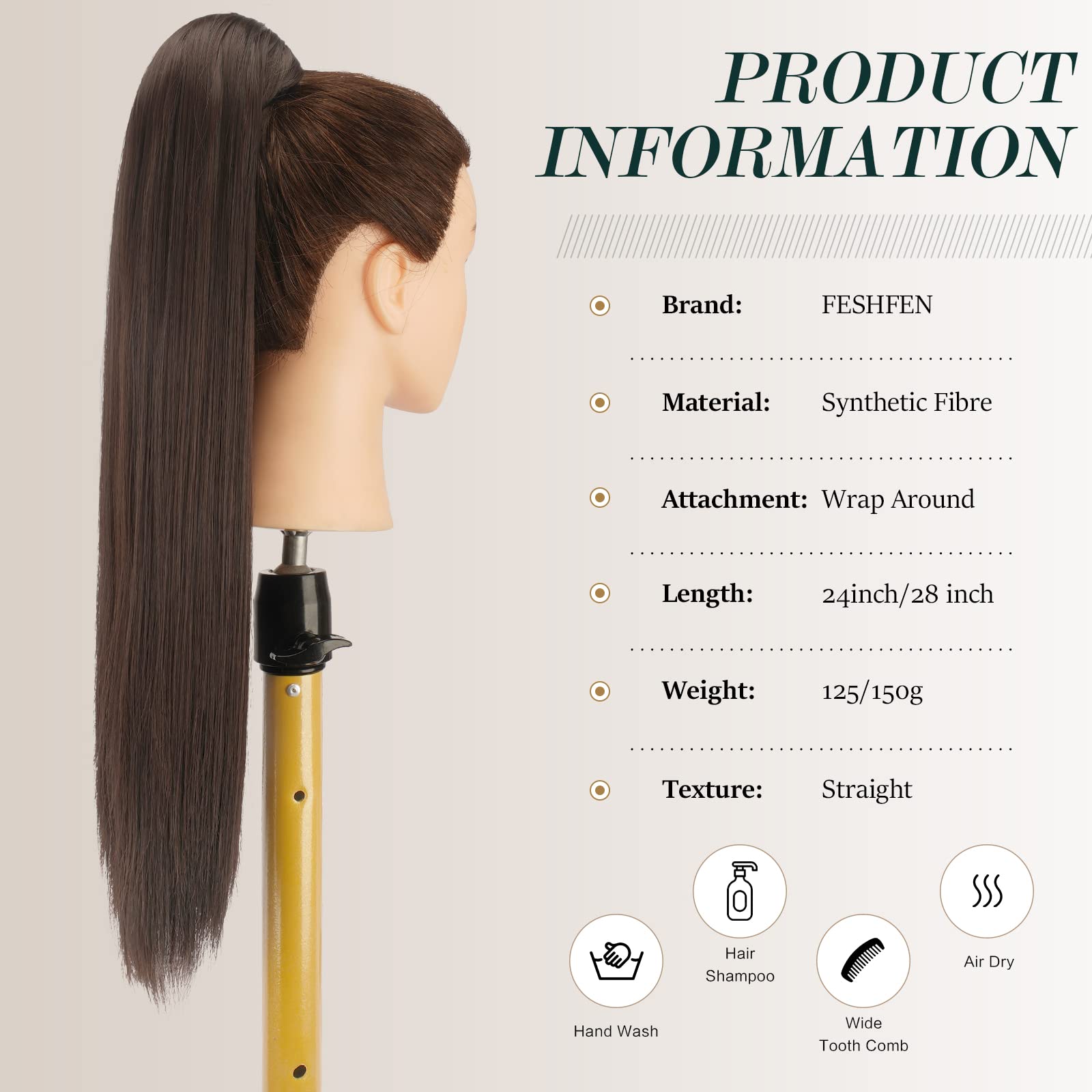 Feshfen Straight Long Ponytail Extensions 24 Inch Wrap Around Synthetic Reddish Dark Brown Ponytails Hair Piece Pony Tail Hair E