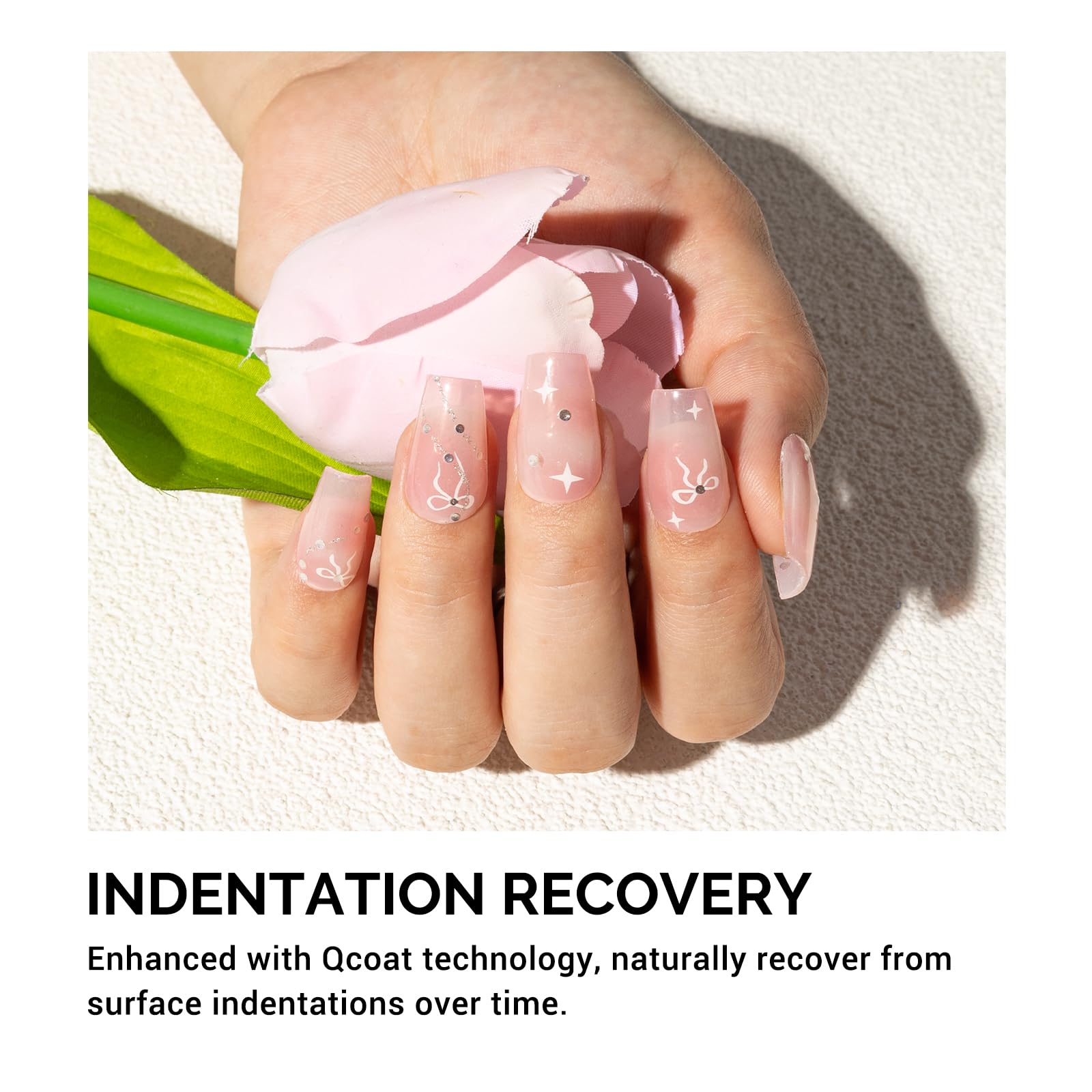 Melodysusie Qcoat Fully Cured Gel Nail Strips (Pink Blooming Bow) - Uv Free Nail Polish Strips, Salon-Quality, Long Lasting Gel