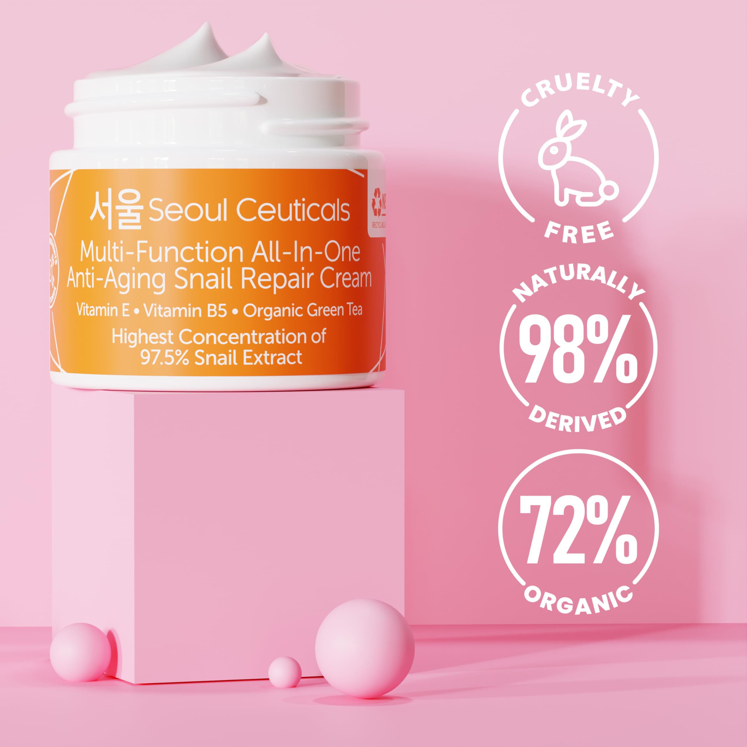 Seoulceuticals Korean Skin Care 97.5% Snail Mucin Moisturizer Cream - K Beauty Skincare Day & Night Snail Repair Cream Filtrate