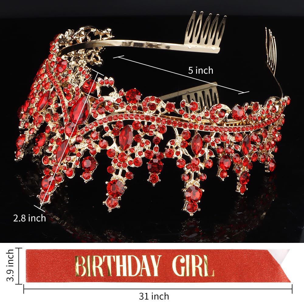 Atoden Birthday Girl Red Tiara Queen Crown Tiaras And Crowns For Women Girls Crystal Princess Tiara Rhinestone Headbands Quincea