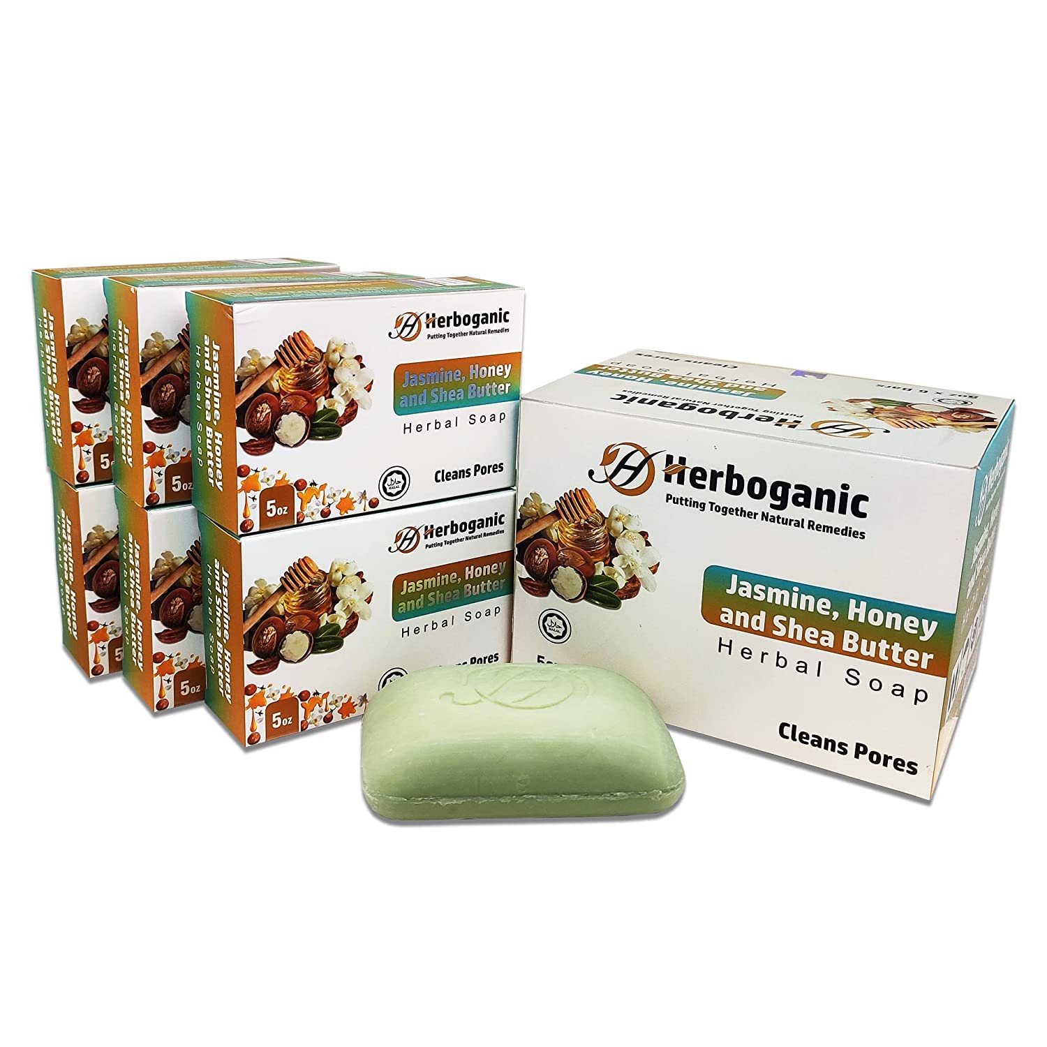 HERBOGANIC Jasmine Honey and Shea butter Herbal Soap | Pack of 6 of 5oz soap Bar | Ideal for Men and Women, Soothing and Nourish