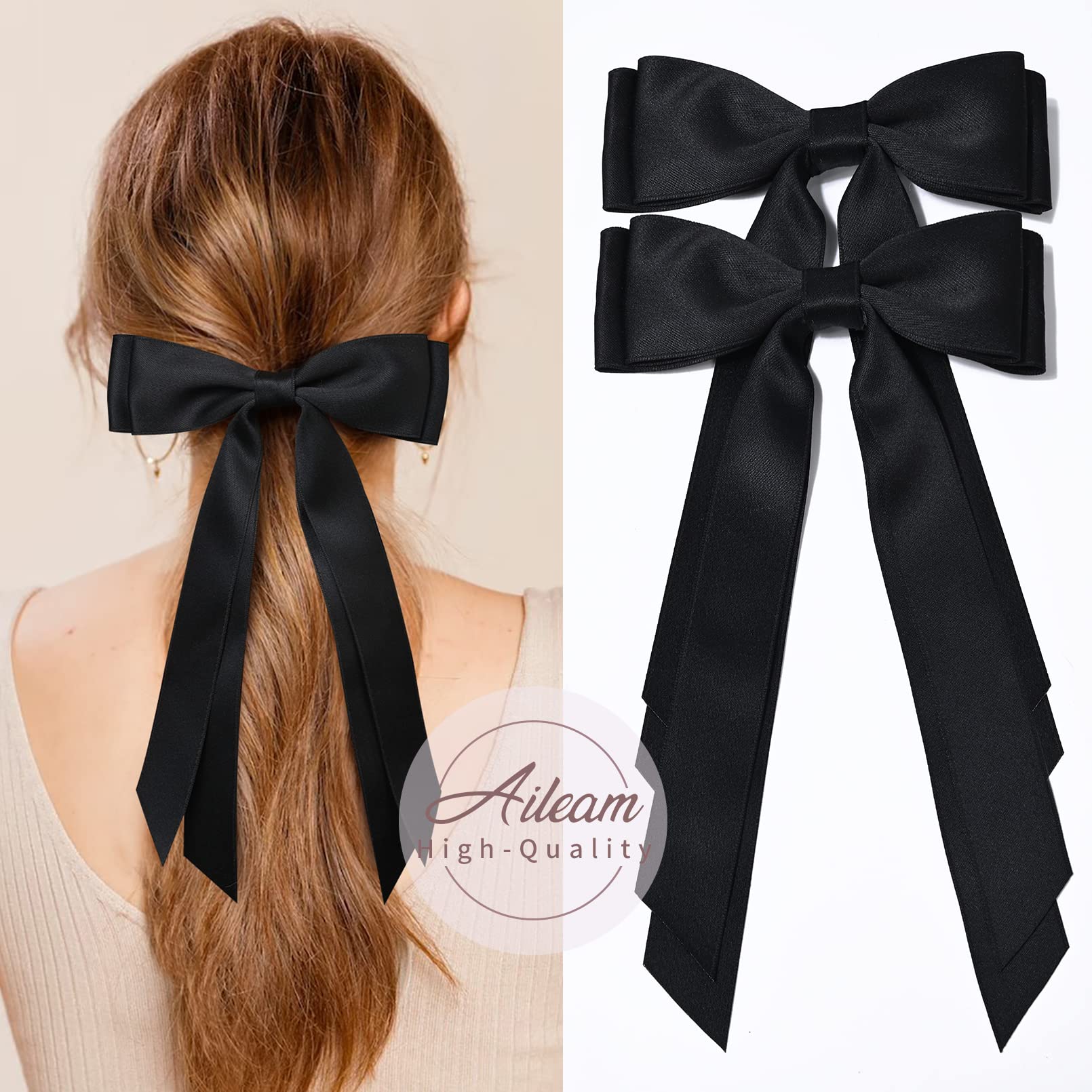 2Pcs Silky Satin Hair Bows Hair Clip Black Hair Ribbon Ponytail Holder Accessories Slides Metal Clips Hair Bow For Women Girls T