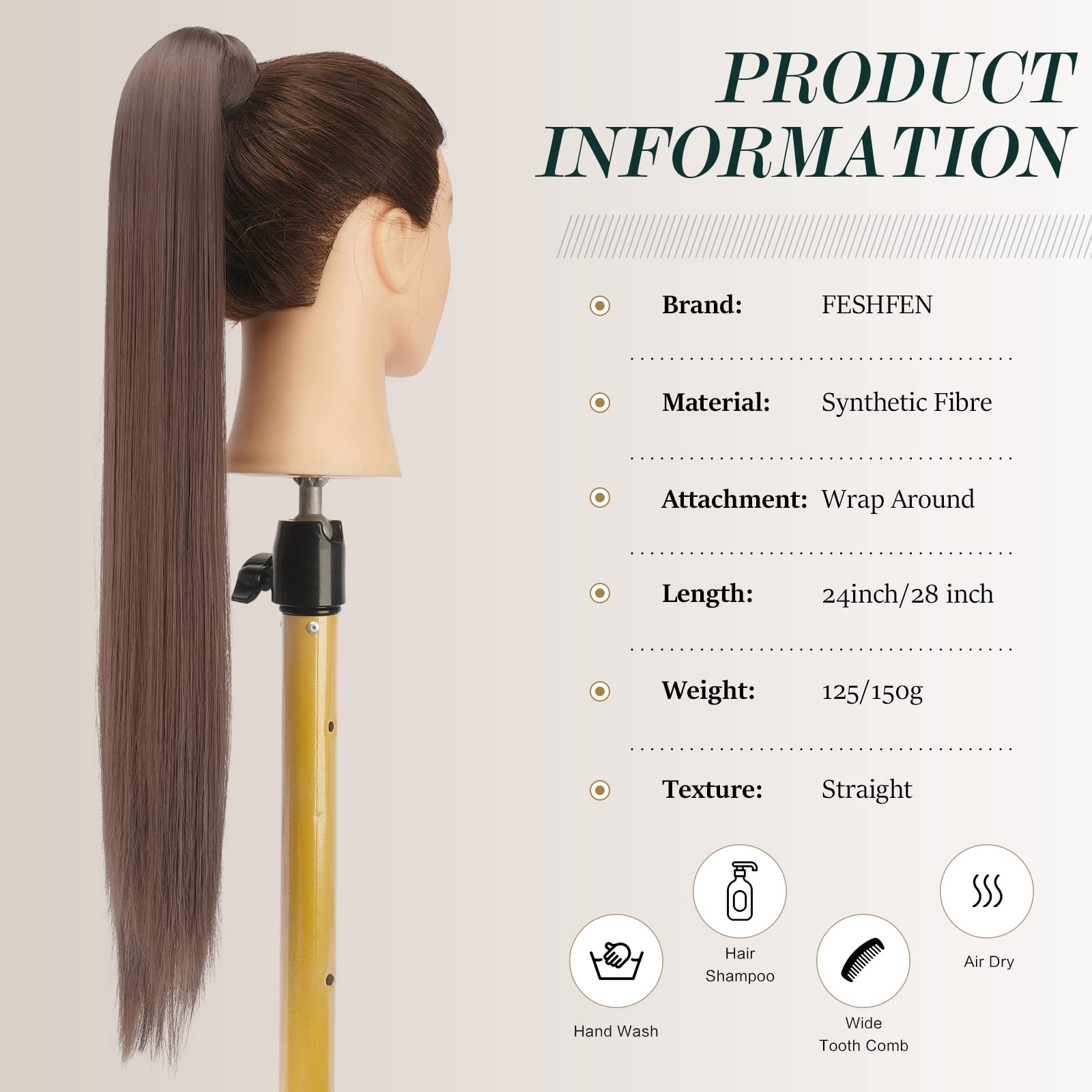 Feshfen Straight Long Ponytail Extensions 24 Inch Wrap Around Light Golden Brown Synthetic Ponytails Hair Piece Pony Tail Hair E