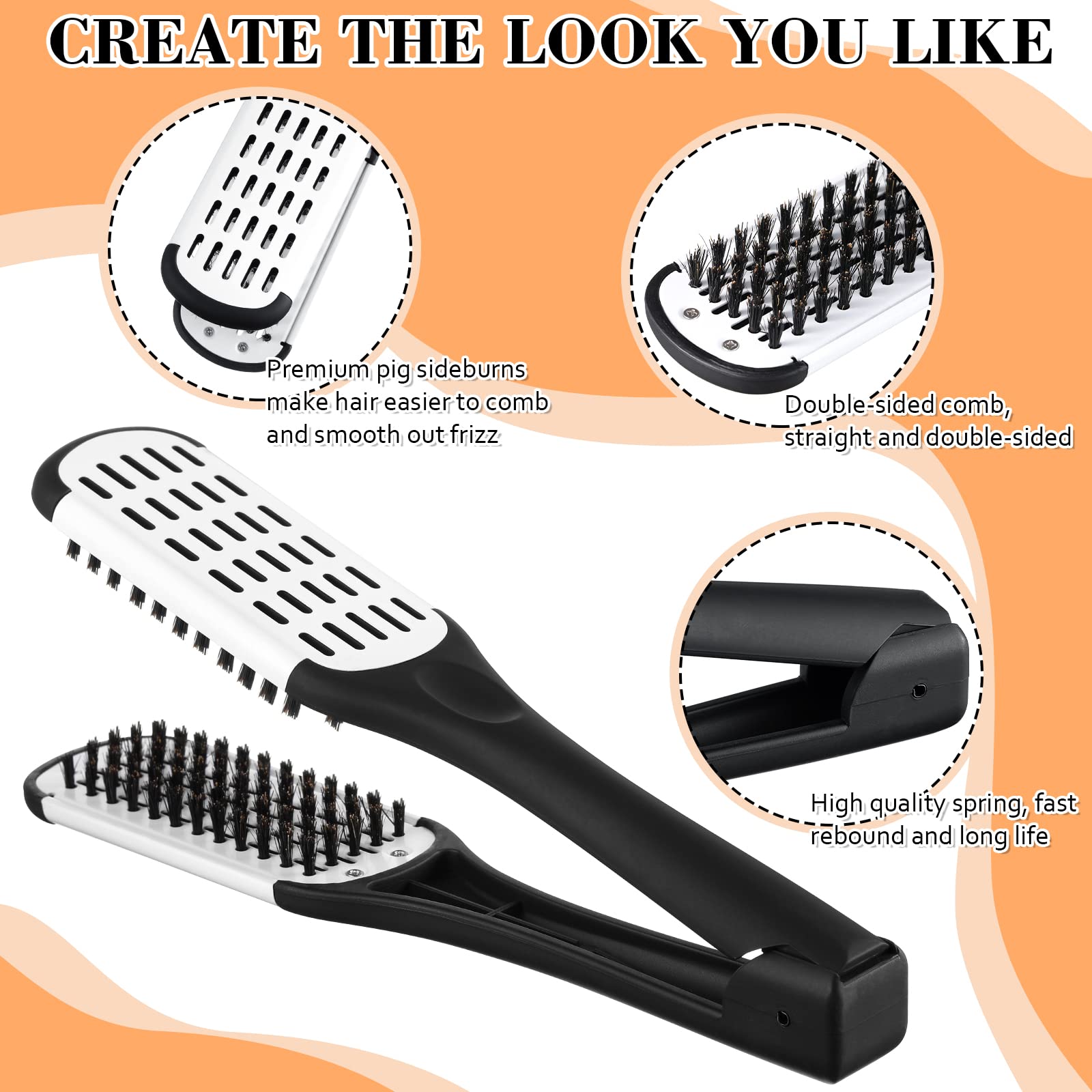 Chengu 2 Pcs Boar Bristle Brushes - Double Sided Clamp Brush And Flat Iron Comb For Straightening Knotty, Unkempt Hair (Black Wh