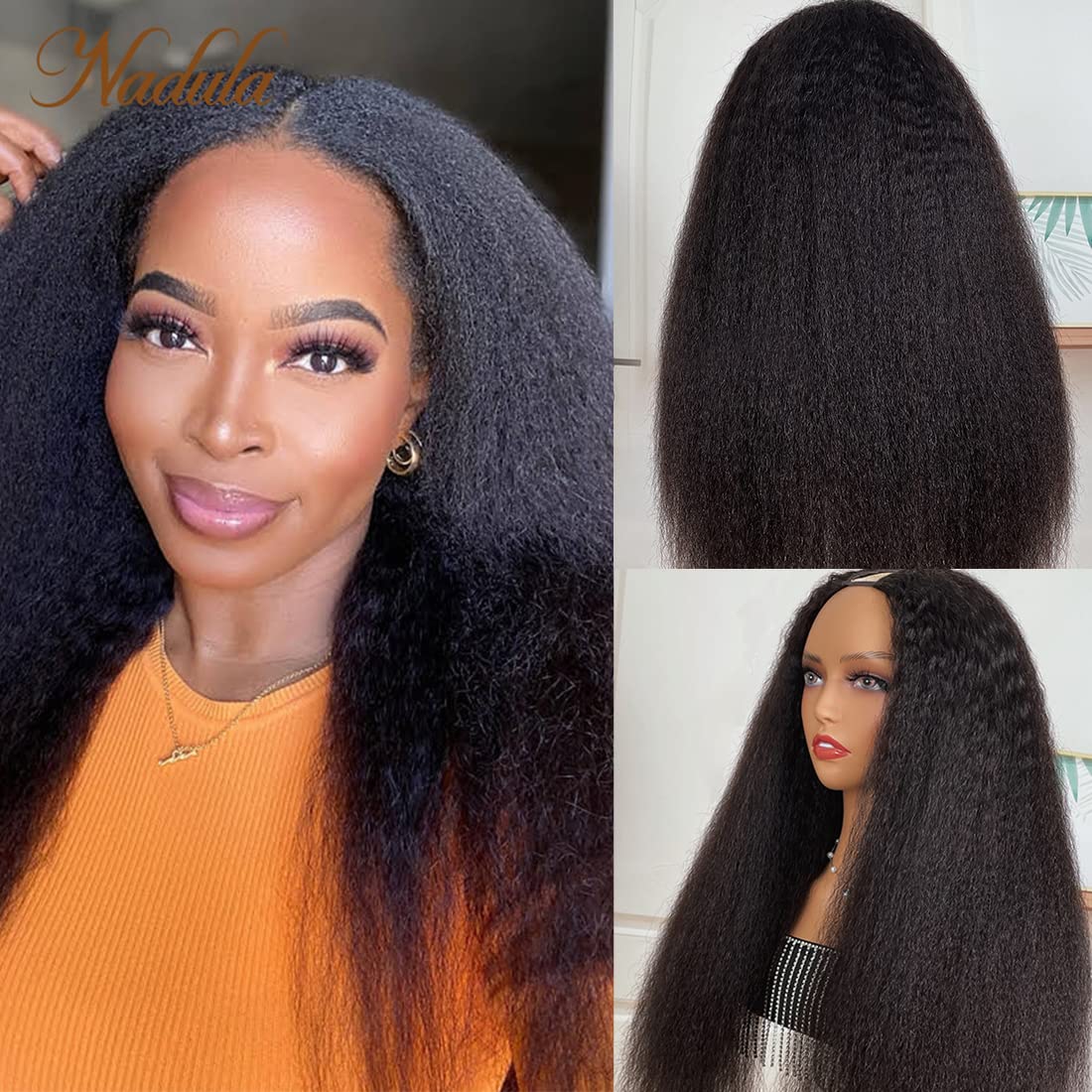 Nadula 10A V Part Kinky Straight Wig Human Hair No Leave Out Upgraded U Part Glueless Wigs For Women,Brazilian Yaki Straight V P