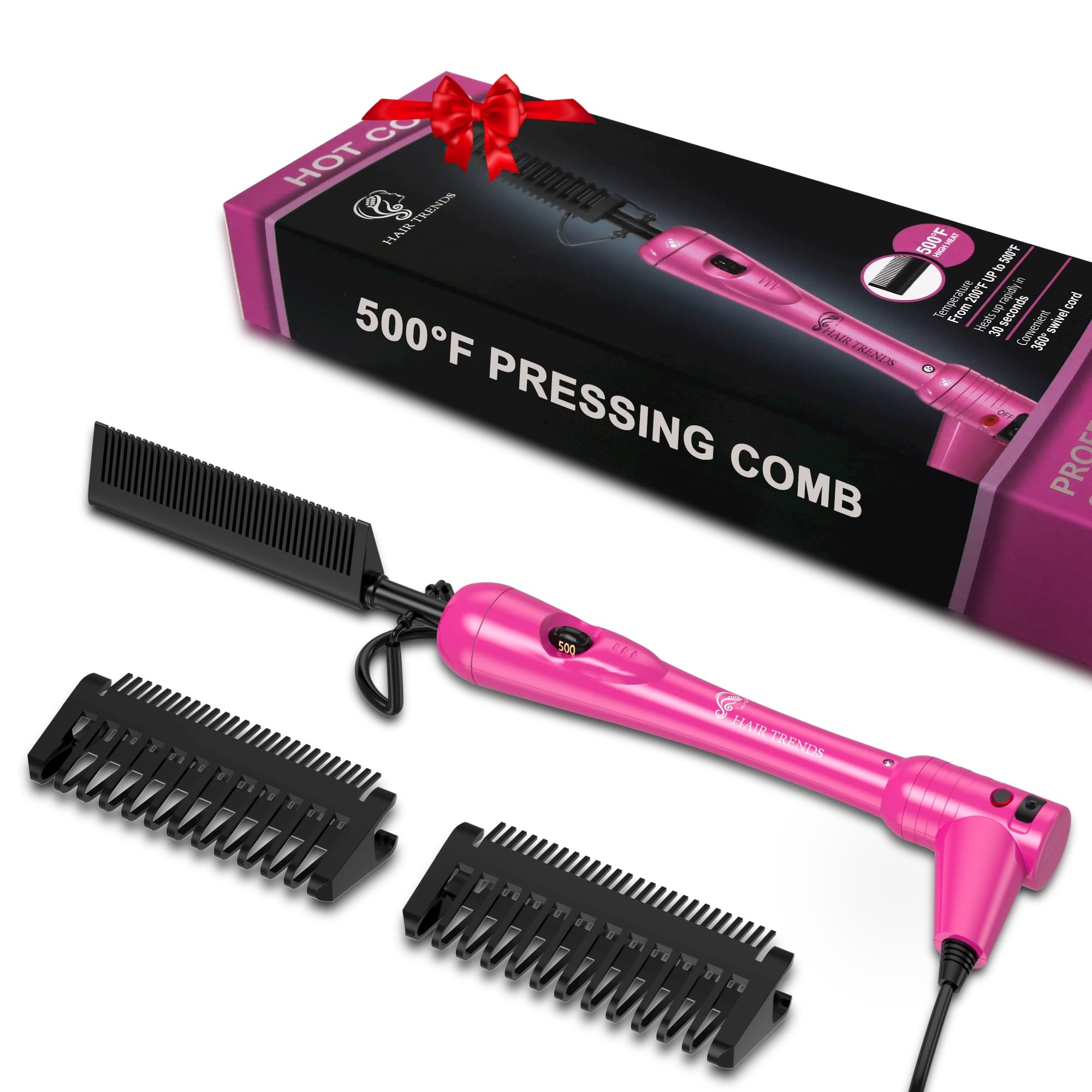 Mini Pink Hot Comb 500 Degree, Dual Voltage Electric Pressing Comb for Black Hair, Portable Ceramic Straightening Comb, Anti-Sca