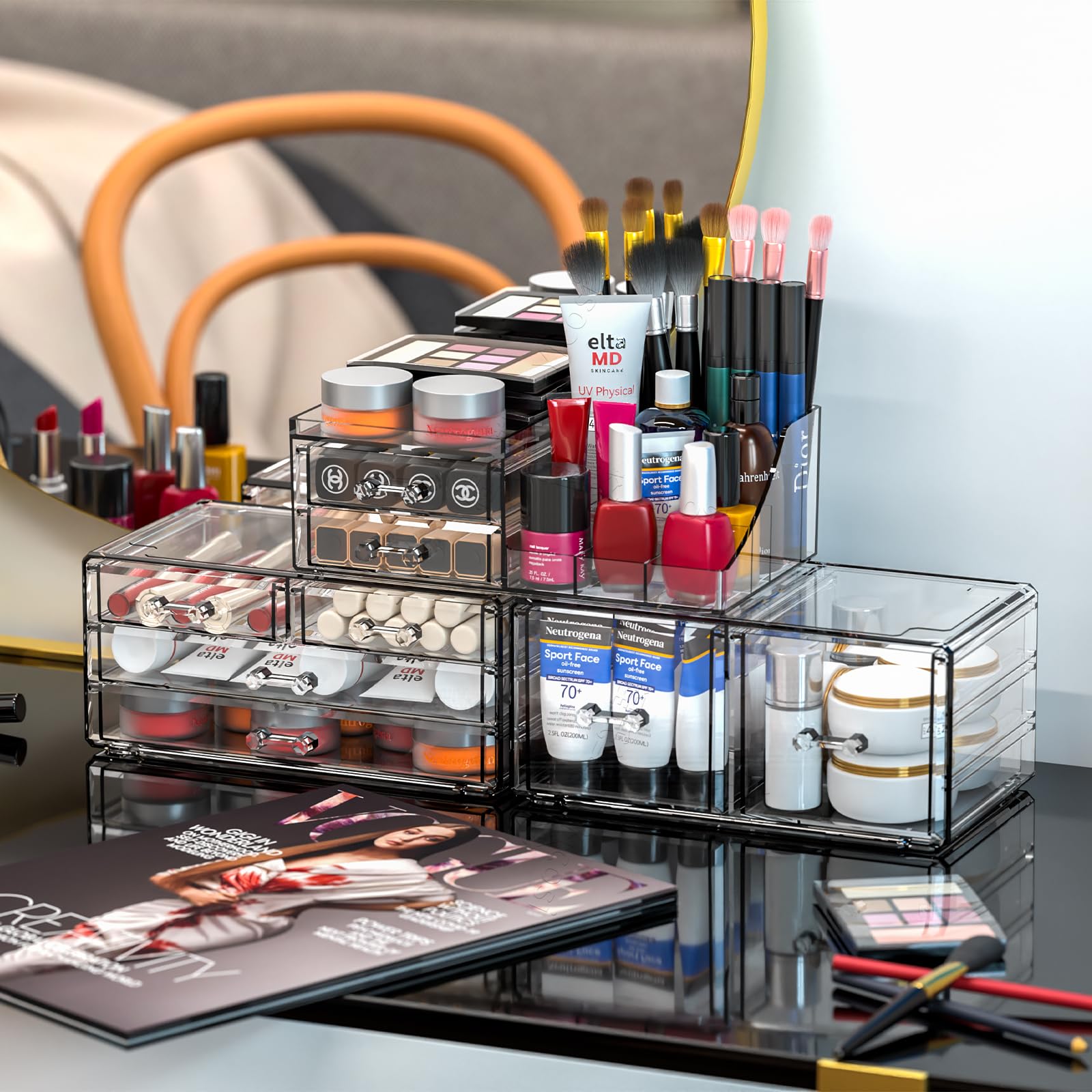 Cq Acrylic Make Up Organizers For Vanity With 6 Drawers, 2 Pack Clear Drawer Organizers,Plastic Cute Desk Accessories Organizati