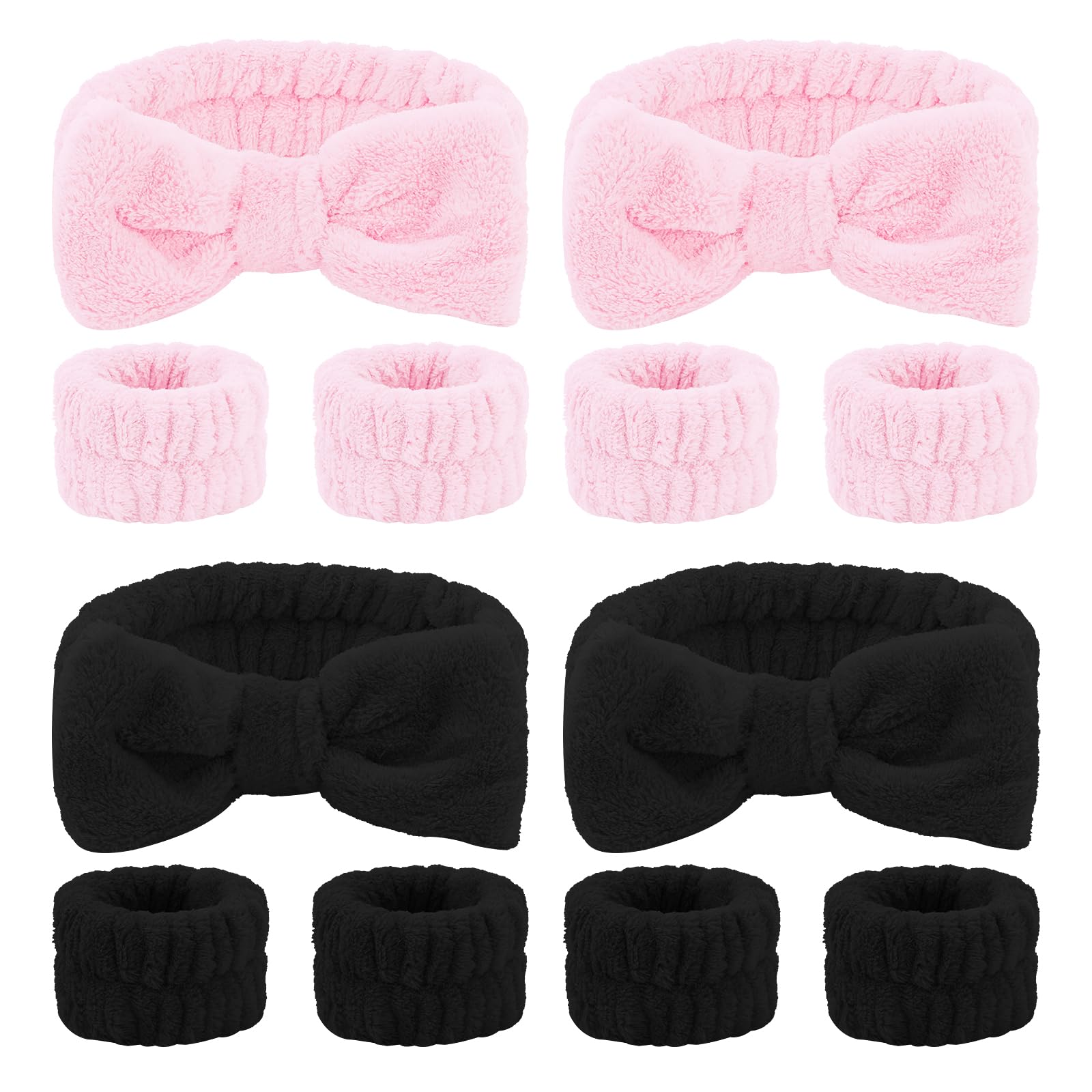 CIEHER 12 PCS Black & Pink Makeup Headband for Women Wrist Washband Scrunchies Cuffs for Washing Face, Soft Bow Hair Band Matchi