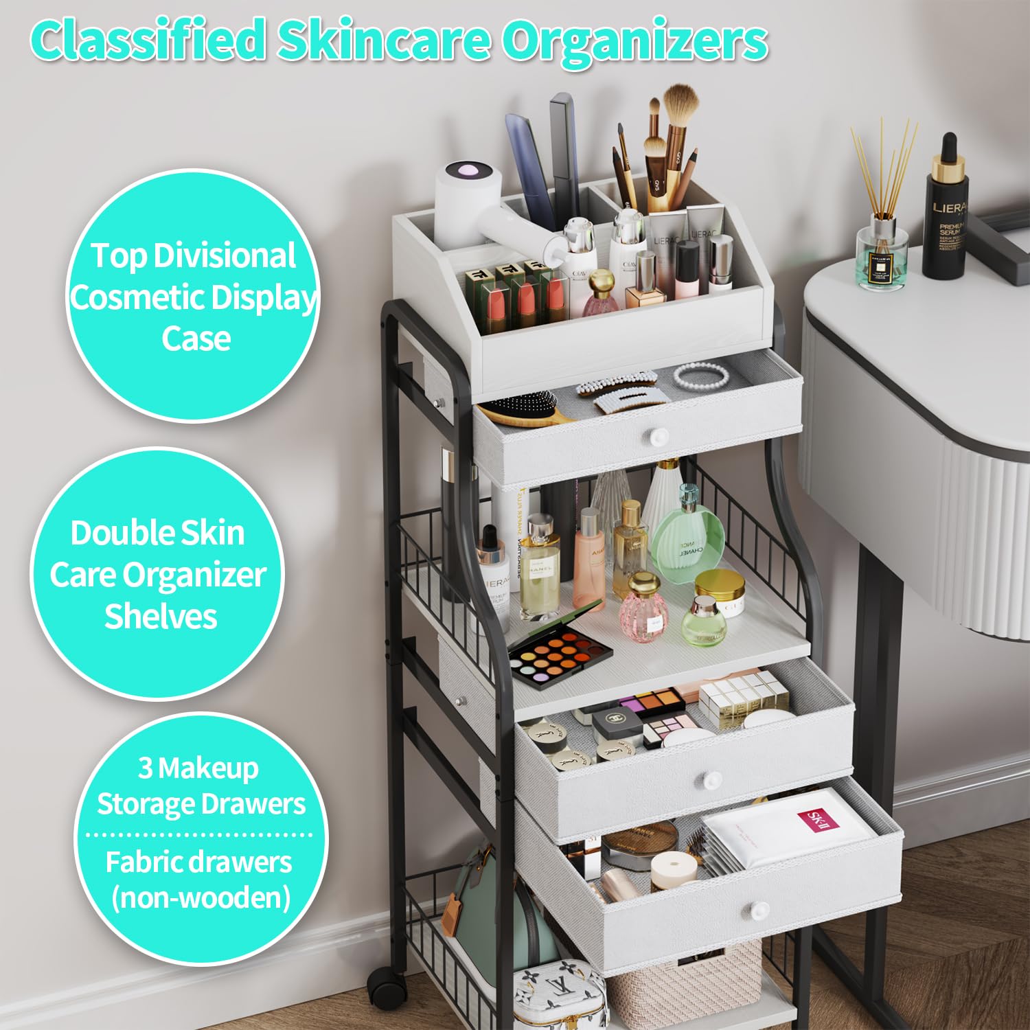 Hapirm Floor Makeup Organizer Storage - Skincare Make Up Organizers And Storage With Drawers, Vanity Organizer Cosmetics Display